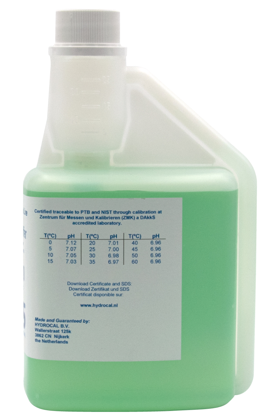 XS Professional pH 7.00, bottle back label with calibration values at different temperatures