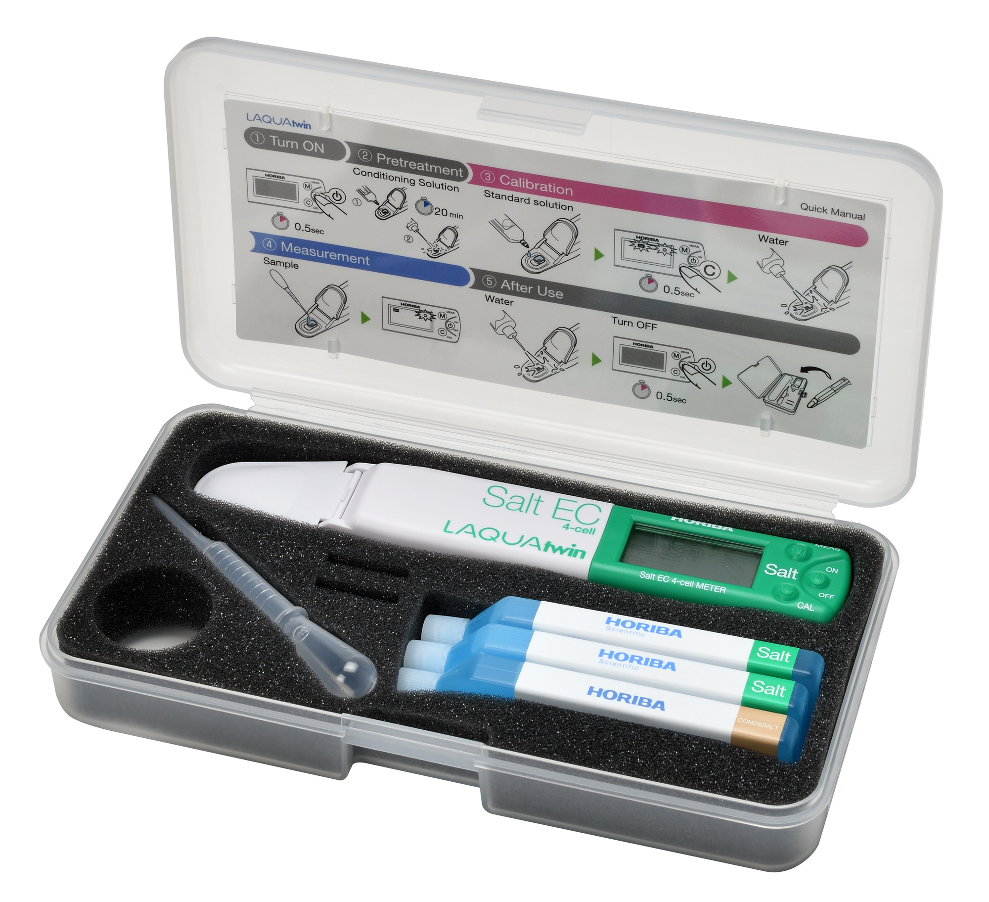 Horiba LAQUAtwin Salt 4ECSalt-11 Pocket Tester, our item number 896096. The retail packaging has been opened; the contents include the device, solutions and a pipette.