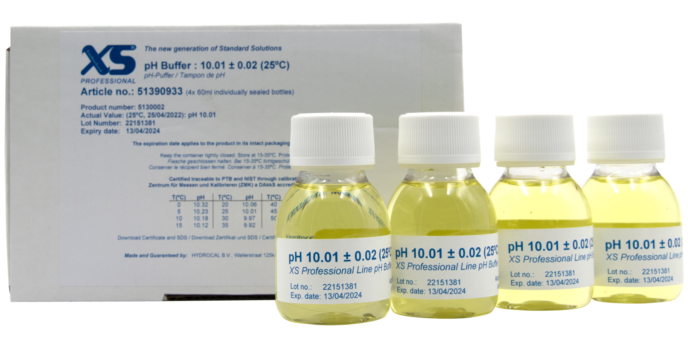 XS Professional pH 10.01 (±0.02pH @25°C) - 4x 60ml pH buffer solution with DAkkS certificate