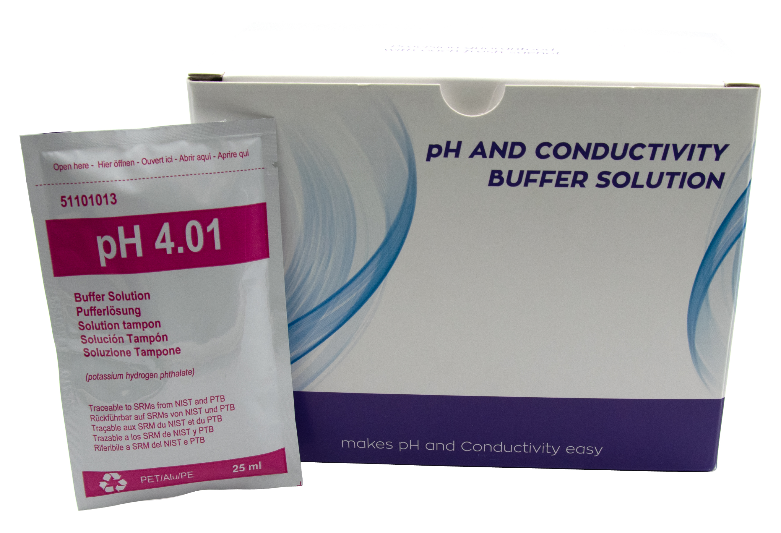 XS BASIC pH 4.01 (25°C) Buffer solution pack with 20 sachets of 25ml, red, with certificate of analysis XS BASIC pH 4.01 Pufferlösungspackung mit 20 Tüten, rote Verpackung, 25 ml Inhalt pro Tüte, mit Analysenzertifikat