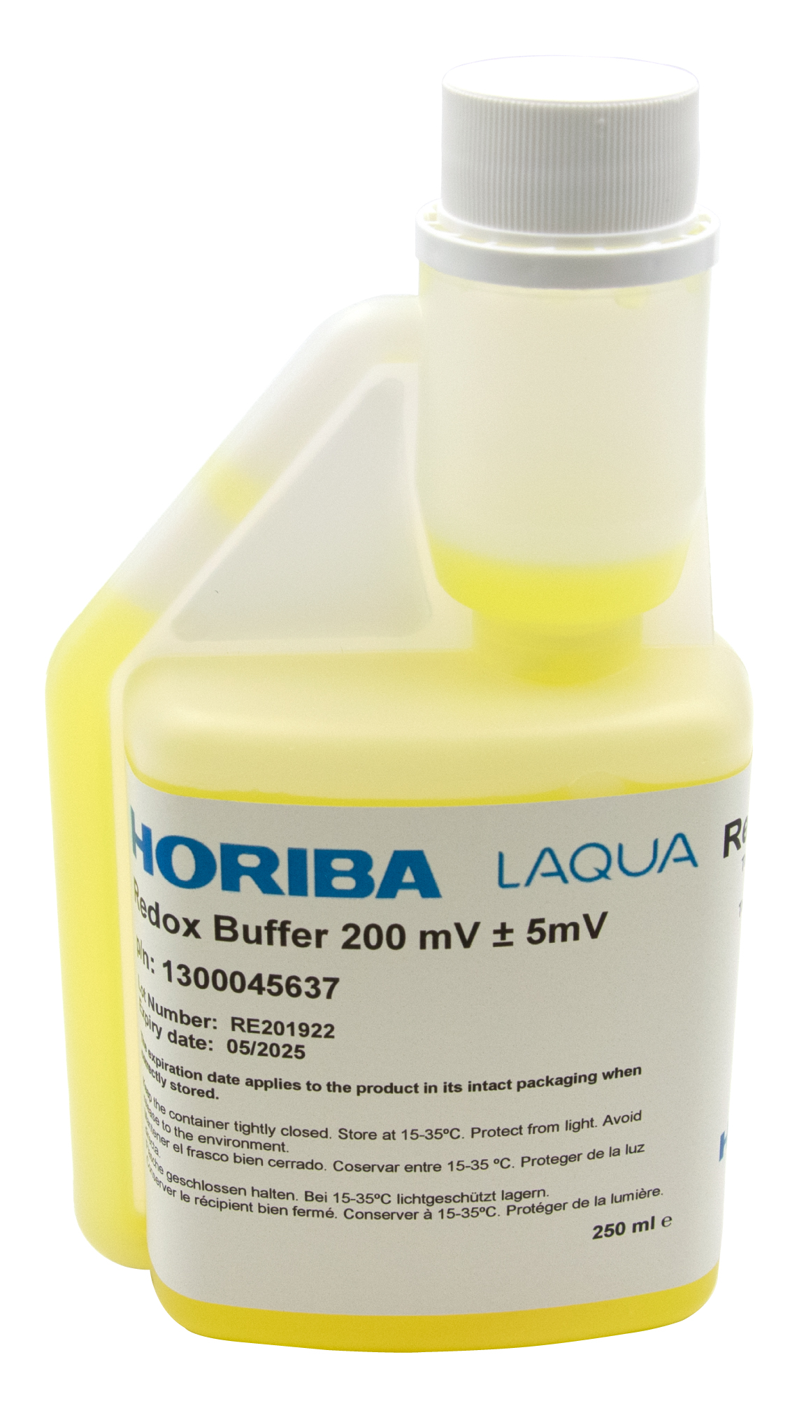 HORIBA Redox 200mV 250ml Flasche, Frontansicht mit Etikett, hygienische Entnahmefunktion, Kalibrierlösung für Redox-Elektroden, Messgenauigkeit optimiert