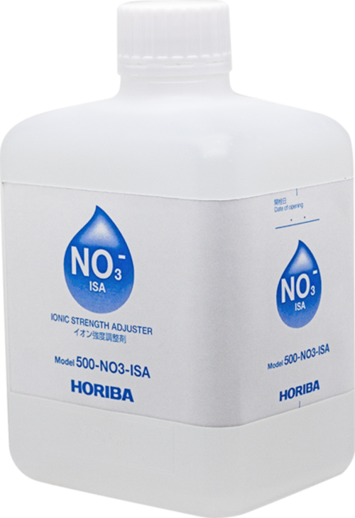 Horiba Nitrate Ionic Strength Adjuster, 500ml (500-NO3-ISA) Horiba Nitrat Ionenstärkeregulierer Vorderansicht 500 ml Flasche, klare Beschriftung