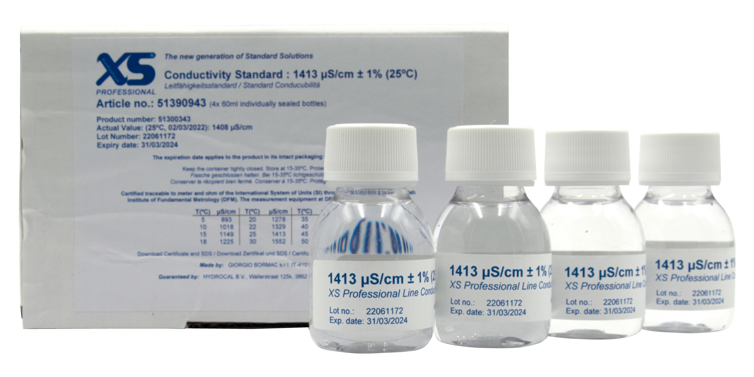 XS Professional 1413µS/cm - 4x 60ml conductivity calibration solution package with DFM certificate XS Professional 1413µS/cm - 4x 60ml Leitfähigkeitskalibrierlösung 4 x 60 ml Flaschen