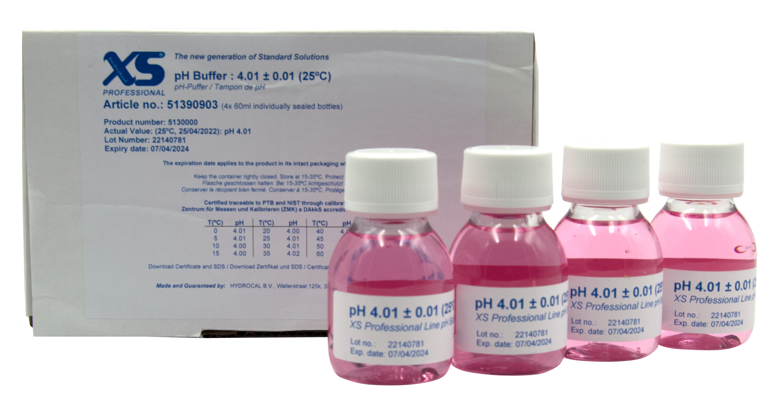 XS Professional pH 4.01 (±0.01pH @25°C) - 4x 60ml pH buffer solution with DAkkS certificate pH 4.01 Pufferlösung pink 4x 60ml Flaschen