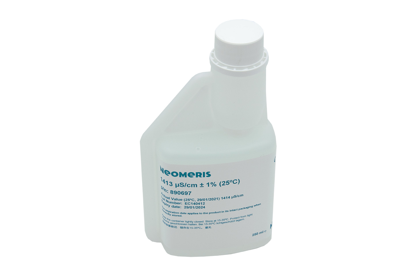 Neomeris conductivity calibration solution Leitfähigkeitskalibrierlösung, Frontansicht weiße Kunststoffflasche mit blauem Etikett, 250 ml, Hygieneverschluss, Kalibrierlösung für Elektroden