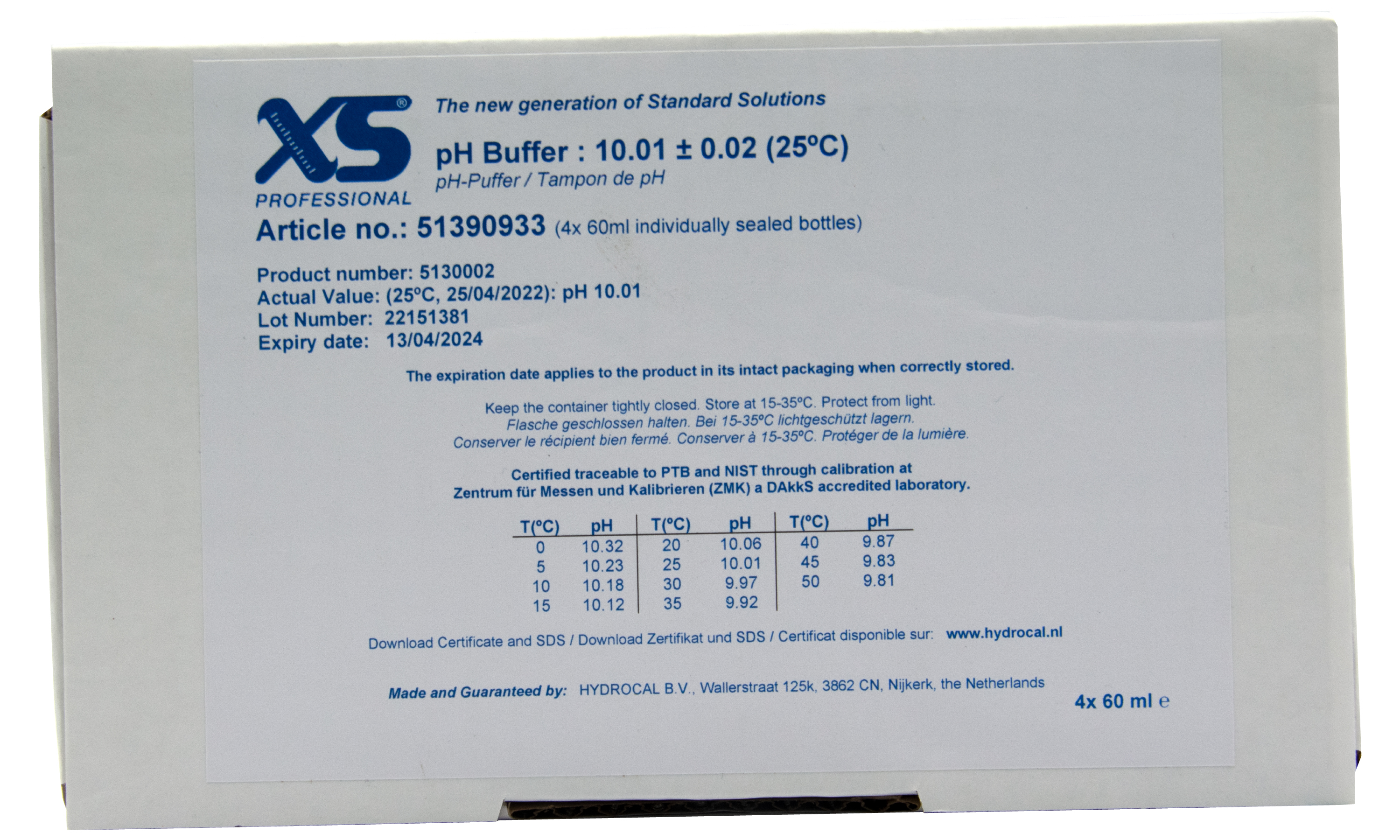XS Professional pH 10.01 (±0.02pH @25°C) - 4x 60ml pH buffer solution with DAkkS certificate
