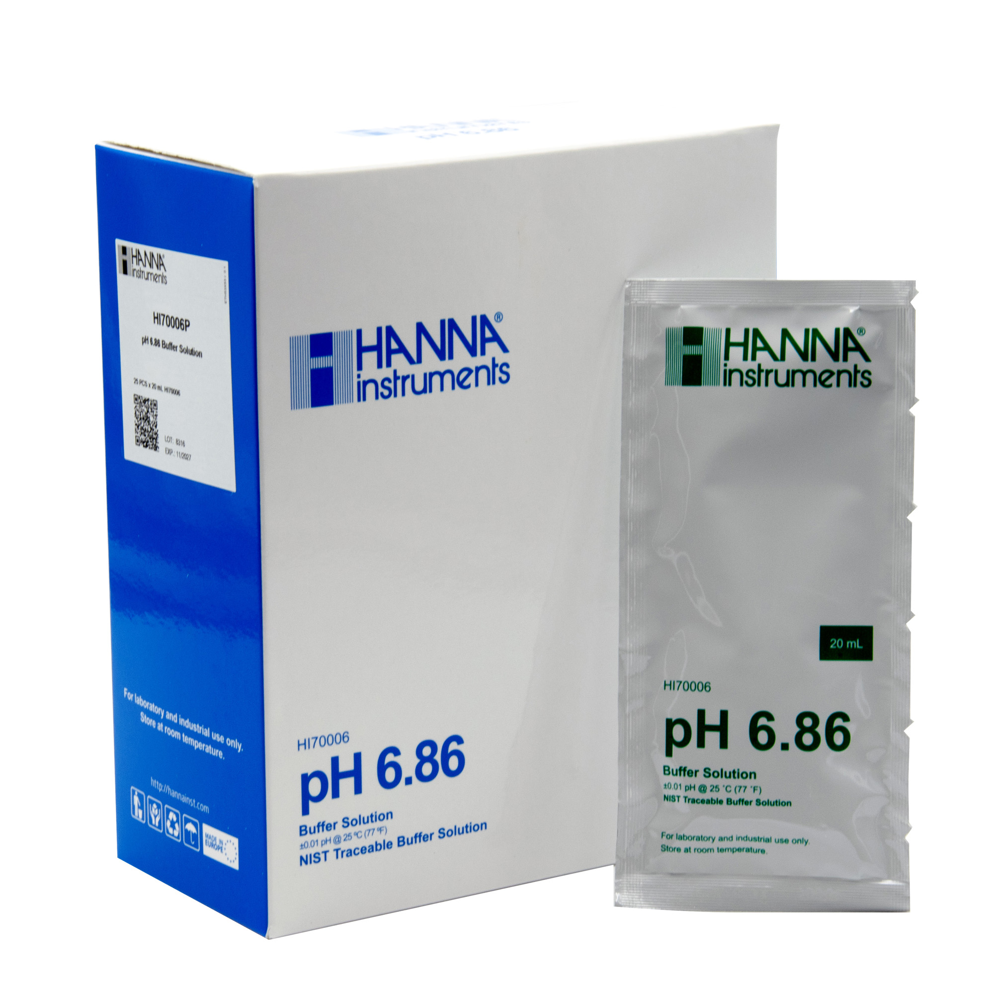 HANNA buffer solution pH 6.86, 25 x 20mL sachets (HI70006P) HANNA Pufferlösung pH 6.86 Beutel frontal mit Verpackungskarton im Hintergrund
