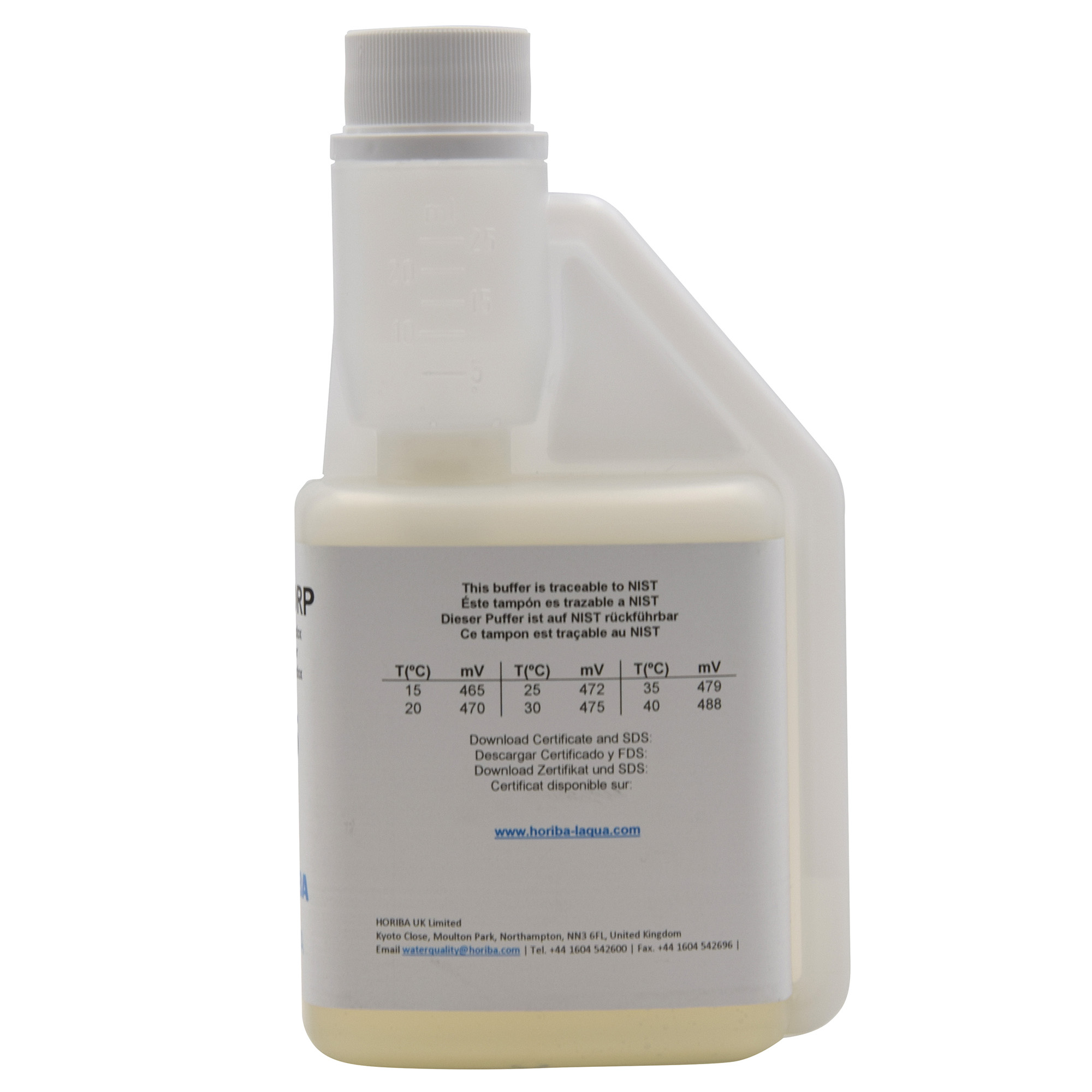 HORIBA Redox 475mV Kalibrierlösung, Rückseite Flasche mit der Gradzahl und den dazugehörigen pH-Wert, Hygiene-Verschluss, 250ml