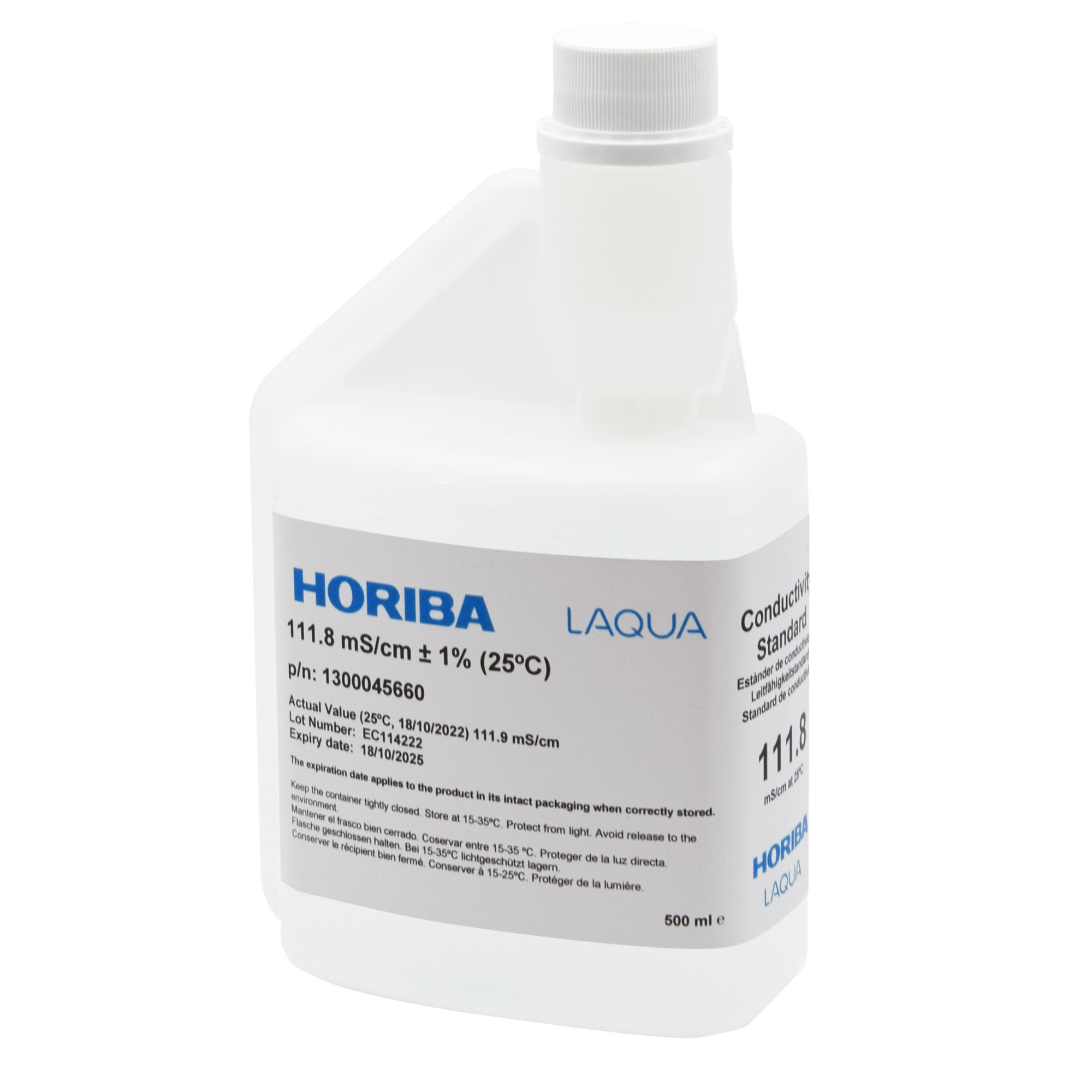 HORIBA 111.8 mS/cm conductivity calibration solution 500ml (500-EC-1118) HORIBA 111.8 mS/cm Leitfähigkeitskalibrierlösung 500ml, Frontansicht, für Wasserbehandlungsanlagen