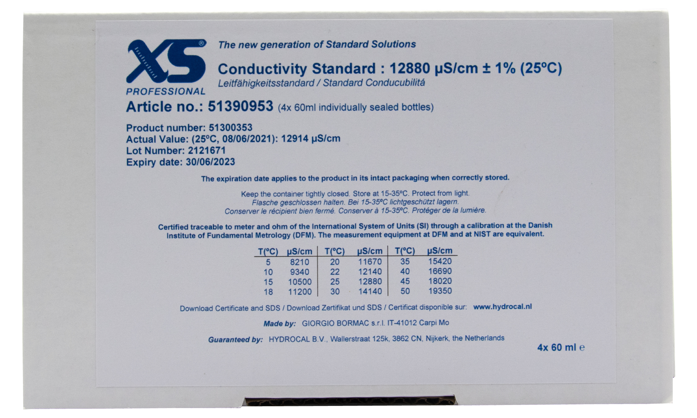 XS Professional 12880µS/cm - 4x 60ml conductivity calibration solution package with DFM certificate