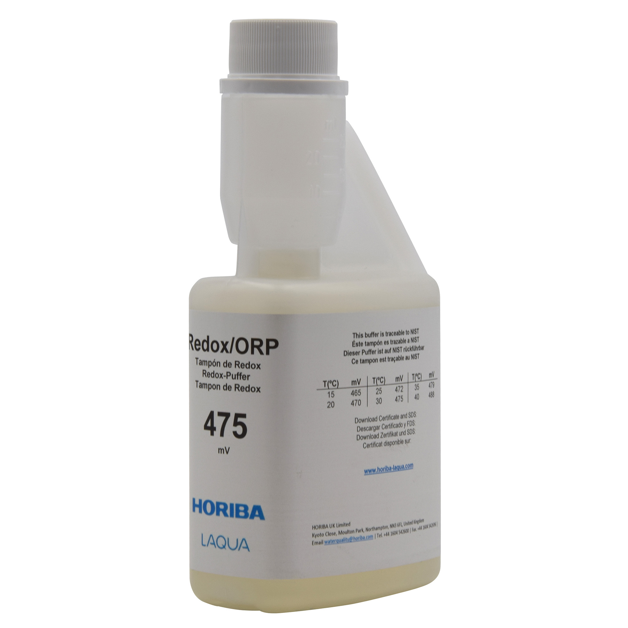 HORIBA ORP 475mV (±5mV @25°C) buffer solution 250ml (250-ORP-475) HORIBA Redox 475mV Pufferlösung Flasche, Frontansicht mit Etikett, 250ml Hygiene-Flasche, Kalibrierlösung, kontaminationsfreie Entnahme