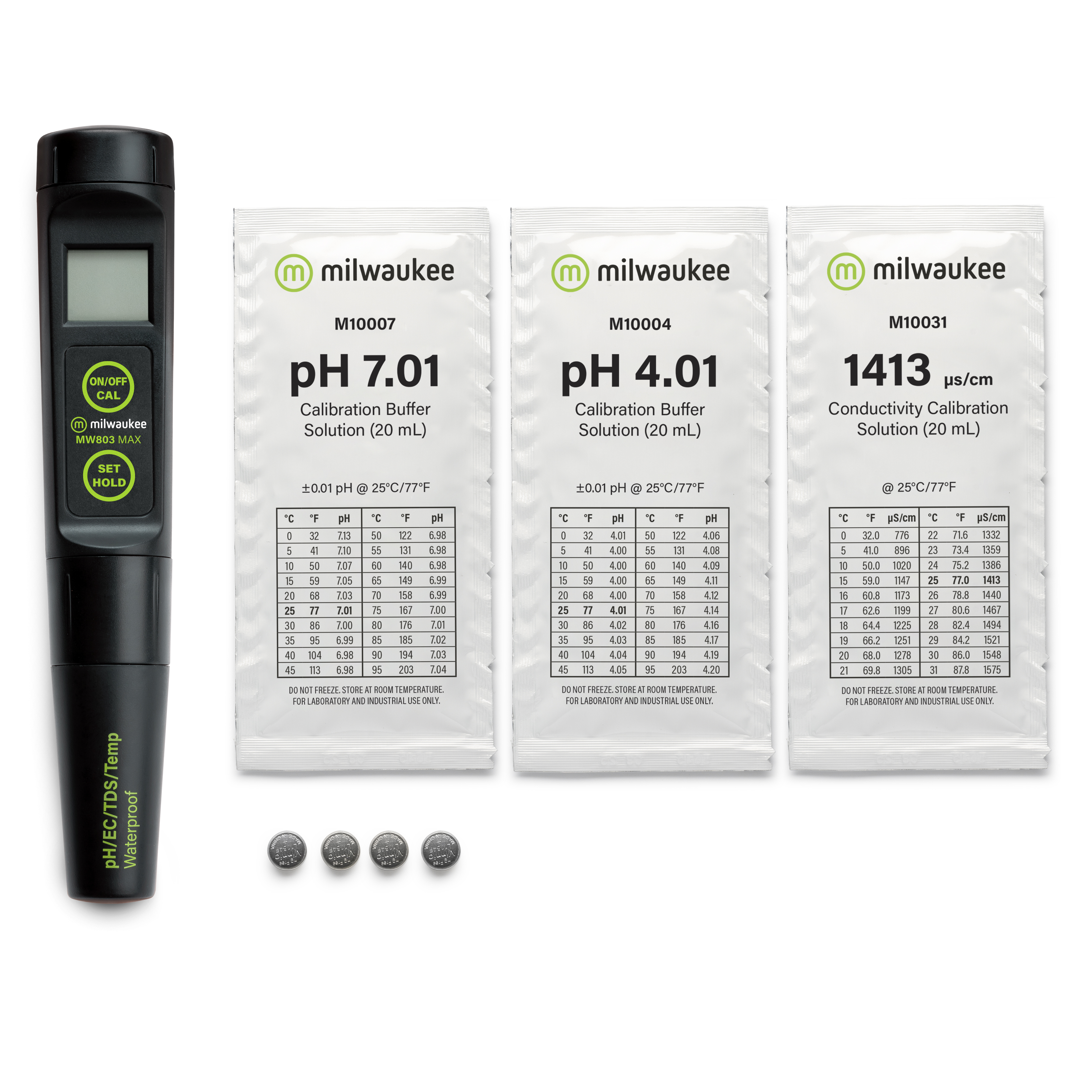 Milwaukee MW803 waterproof low range pH / EC / TDS /Temperature Tester with replaceable probe Milwaukee MW803 Komplettset mit Kalibrierlösungen, Tester und Zubehör auf weißem Hintergrund