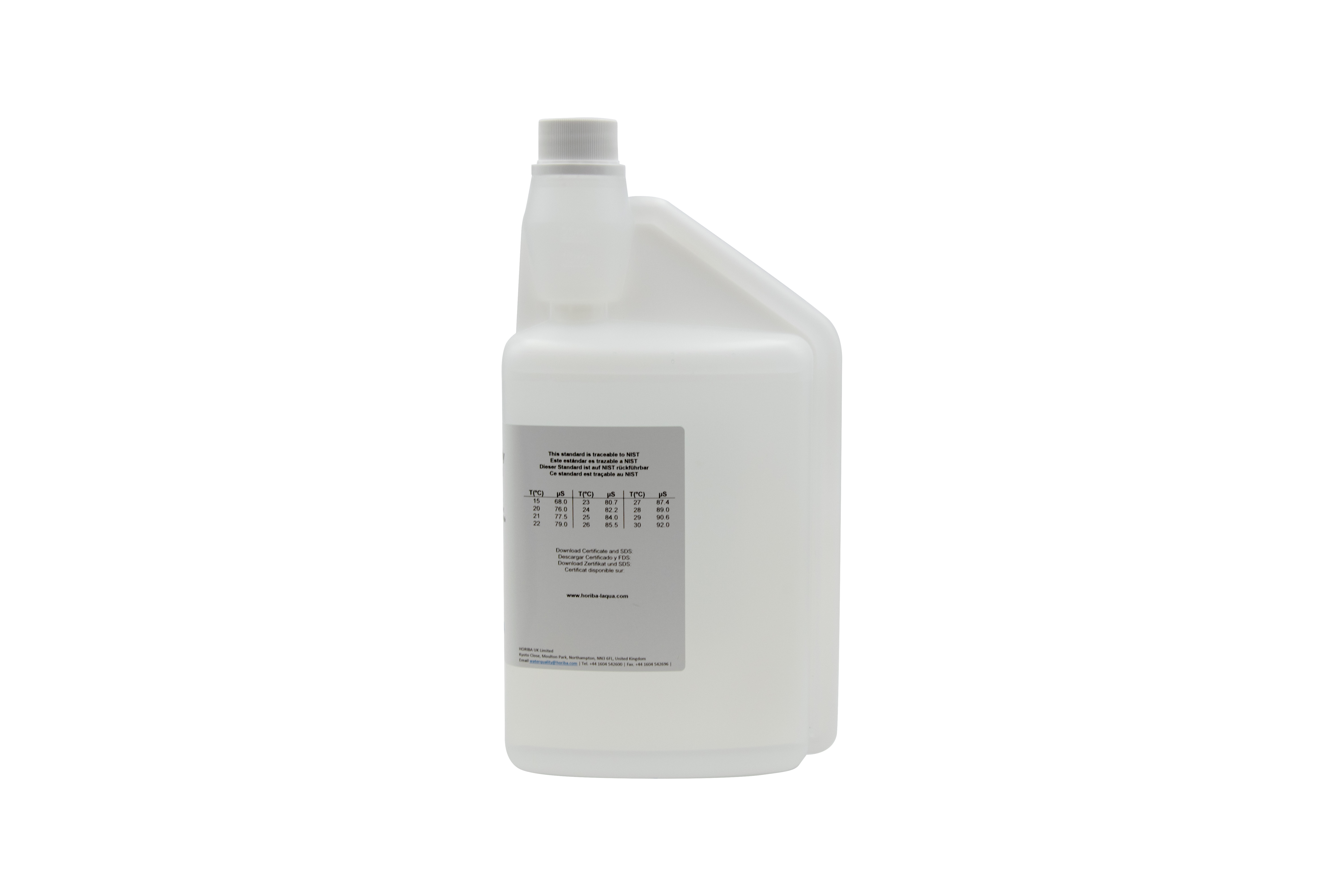 HORIBA 84 μS/cm Leitfähigkeitskalibrierlösung 1000ml, Rückansicht, mit Gradzahl und pH-Werten