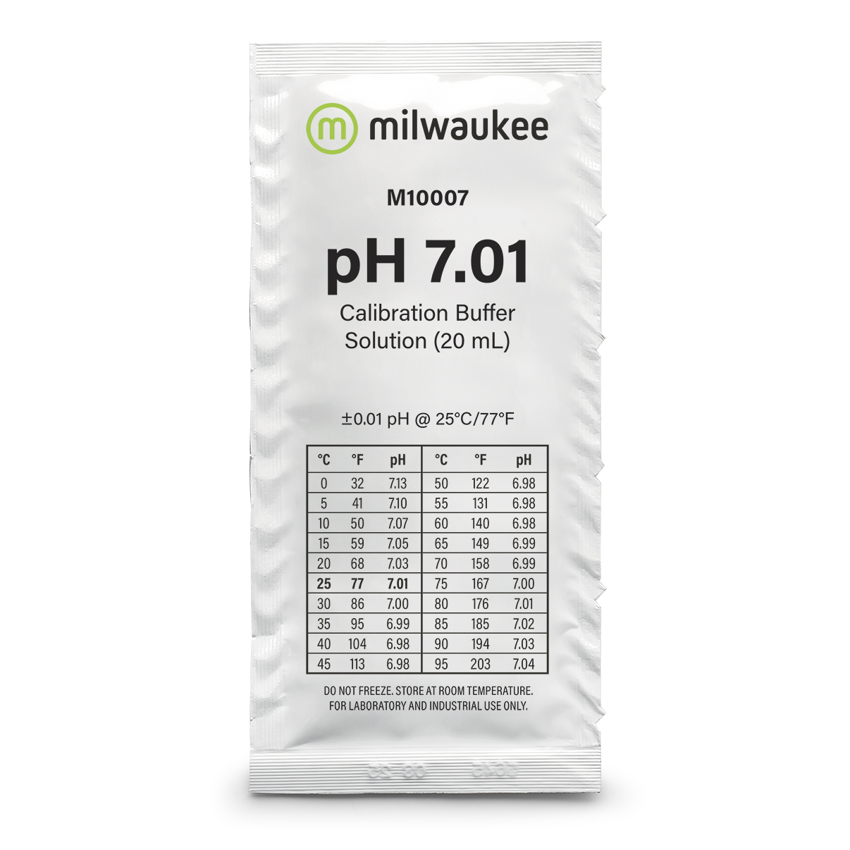 Milwaukee M10007B pH 7.01 calibration solution in a sachet, 25 sachets á 20ml Milwaukee M10007B pH 7,01 Kalibrierlösung Beutel Vorderseite, 25 Beutel á 20 ml sichtbar, Kalibrierlösung pH 7,01 für genaue Messungen
