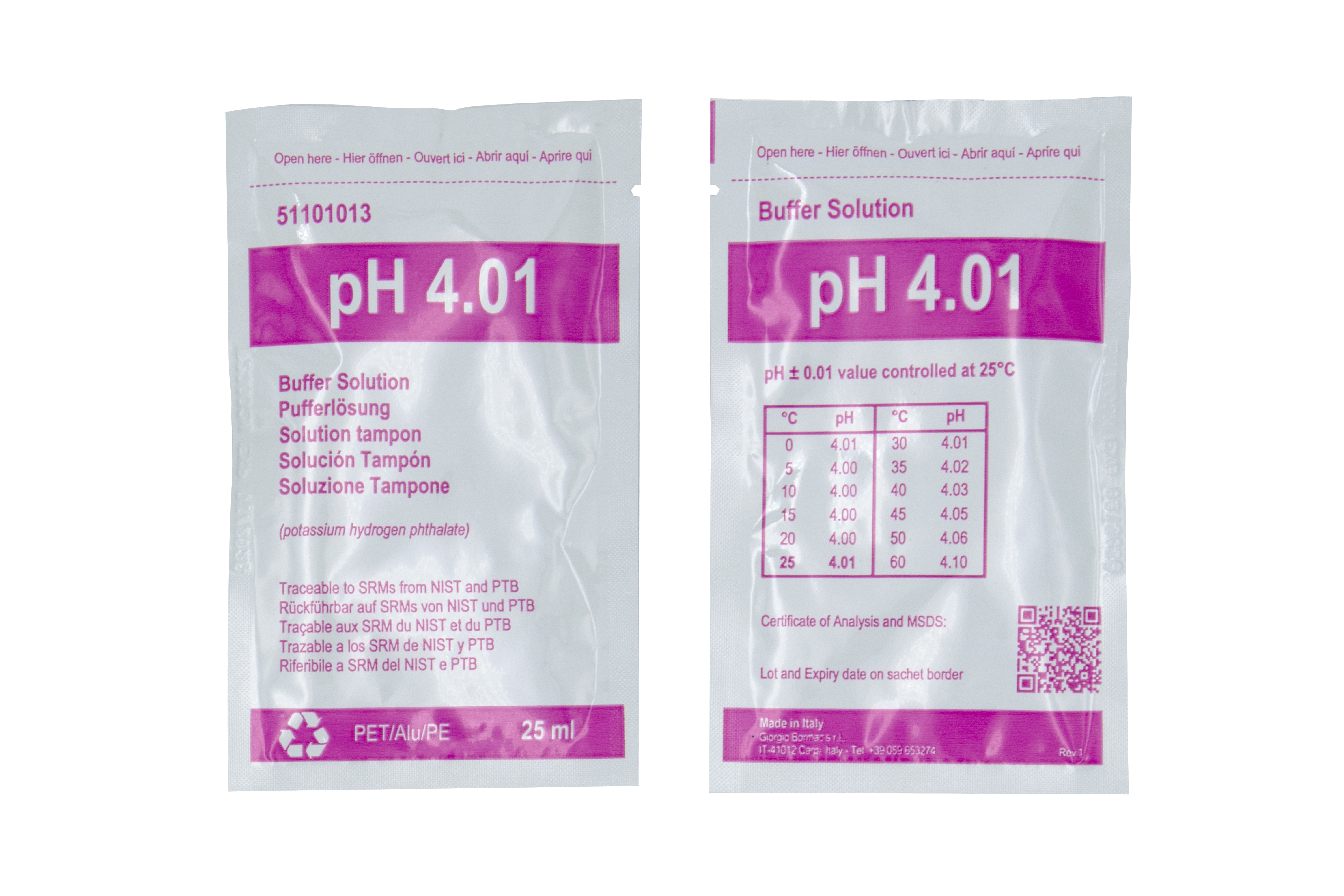 XS BASIC pH 4.01 (25°C) Buffer solution pack with 20 sachets of 25ml, red, with certificate of analysis