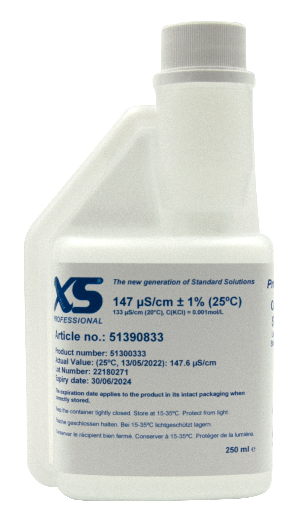 XS Professional 147µS/cm - 250ml conductivity calibration solution with DFM certificate