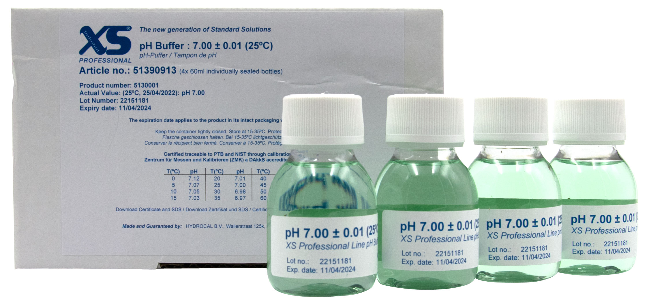 XS Professional pH 7.00 (±0.01pH @25°C) - 4x 60ml pH buffer solution with DAkkS certificate XS pH 7.00 Pufferlösung grün, 4x60ml Flaschen