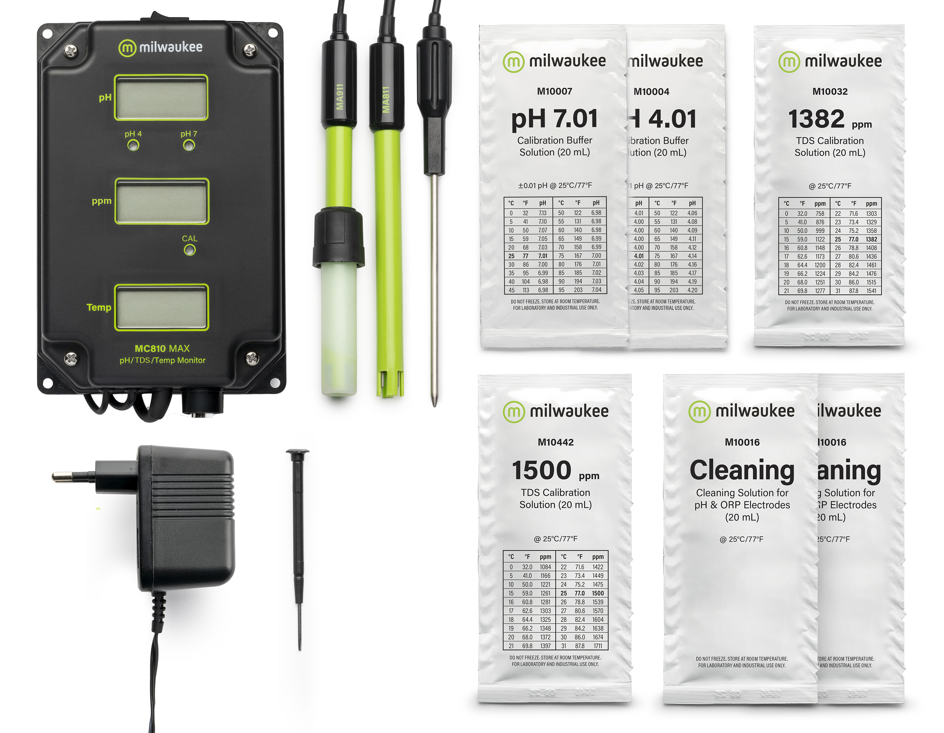 Milwaukee MC810 MAX, pH/TDS/Temp. monitor Milwaukee MC810 MAX mit 6 verschiedenen Lösungen. Lieferumfang abgebildet
