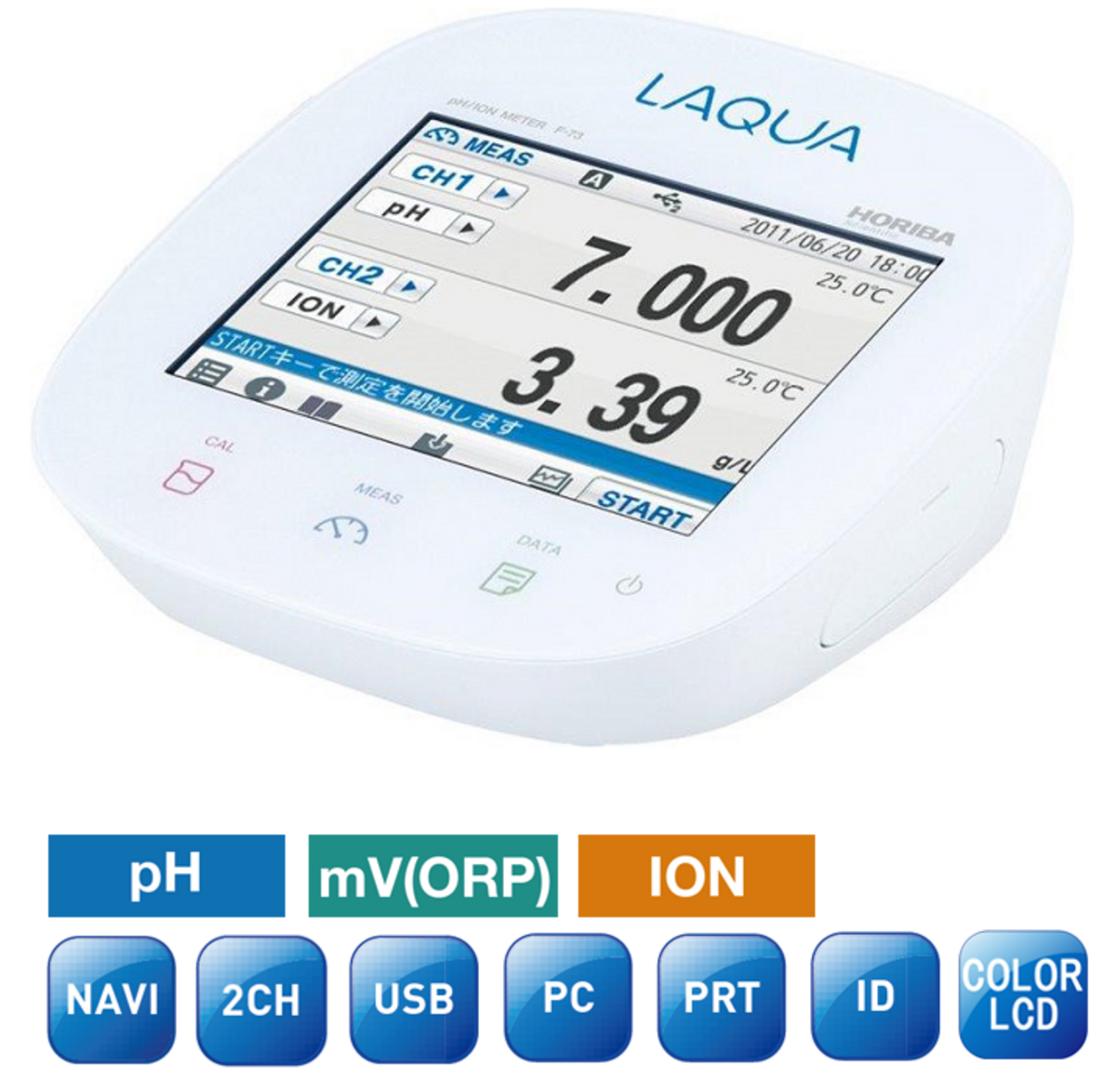 Horiba F-73 Dual Channel pH/ORP/Ion/Temperature Meter with Touchscreen Horiba F-73 Messgerät, weiße Gehäusefront, digitale Messanzeigen, Touchbedienung
