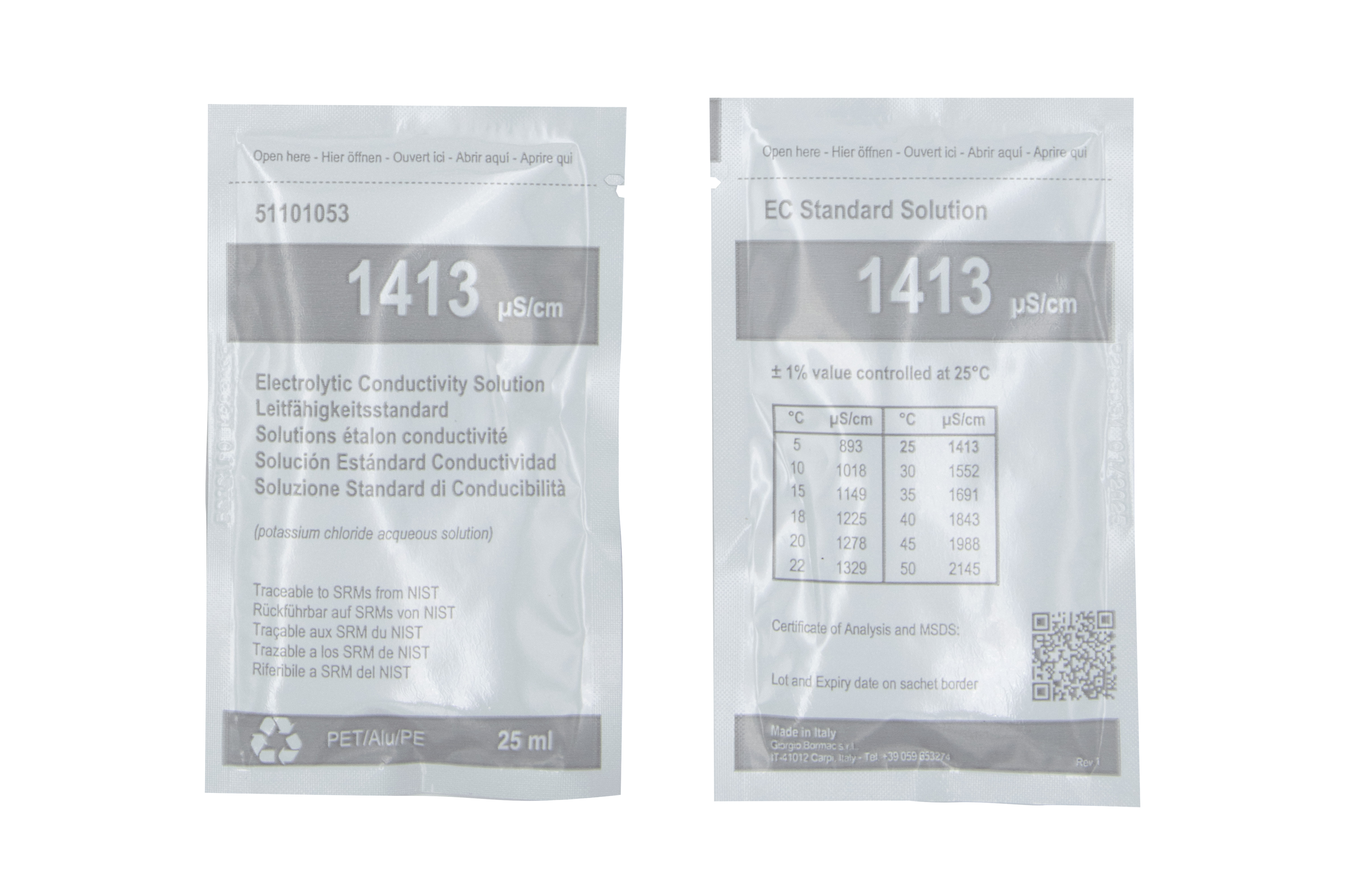 XS BASIC EC 1413 µS/cm (25°C) calibration solution pack with 20 sachets of 25ml with certificate of analysis
