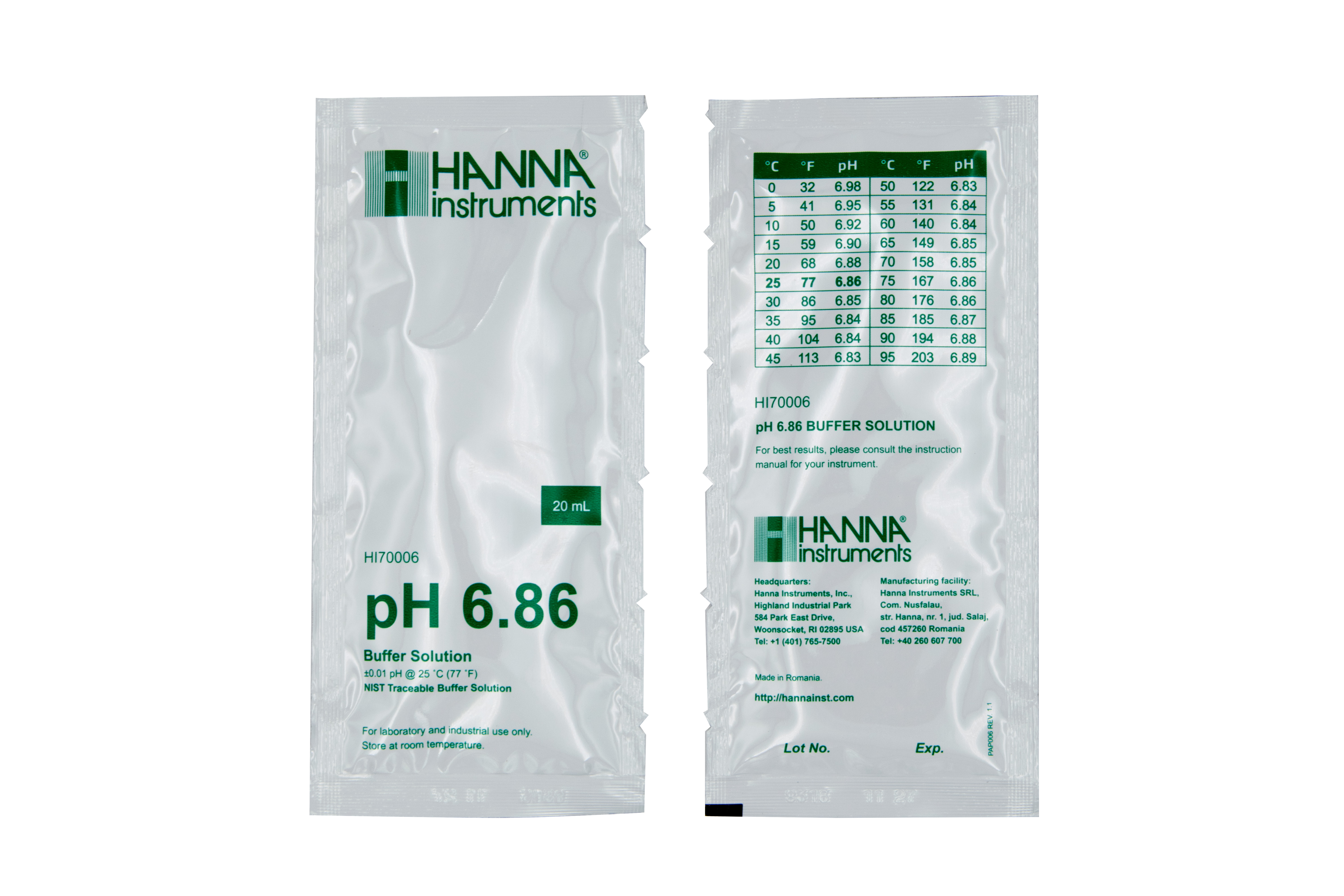 HANNA buffer solution pH 6.86, 25 x 20mL sachets (HI70006P)