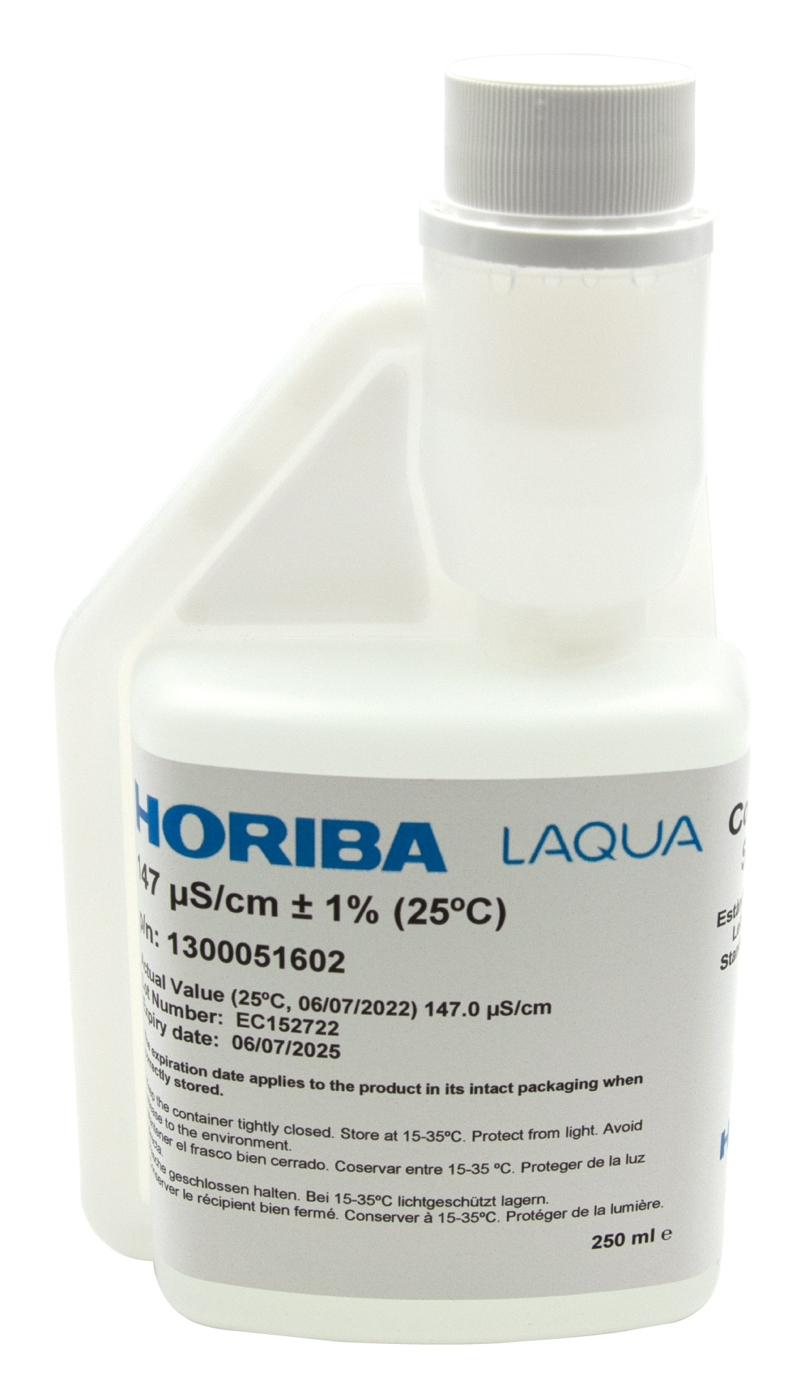 HORIBA 147 μS/cm Leitfähigkeitskalibrierlösung 250ml, Frontansicht, mit Hygieneverschluss, geeignet für Umweltlabore