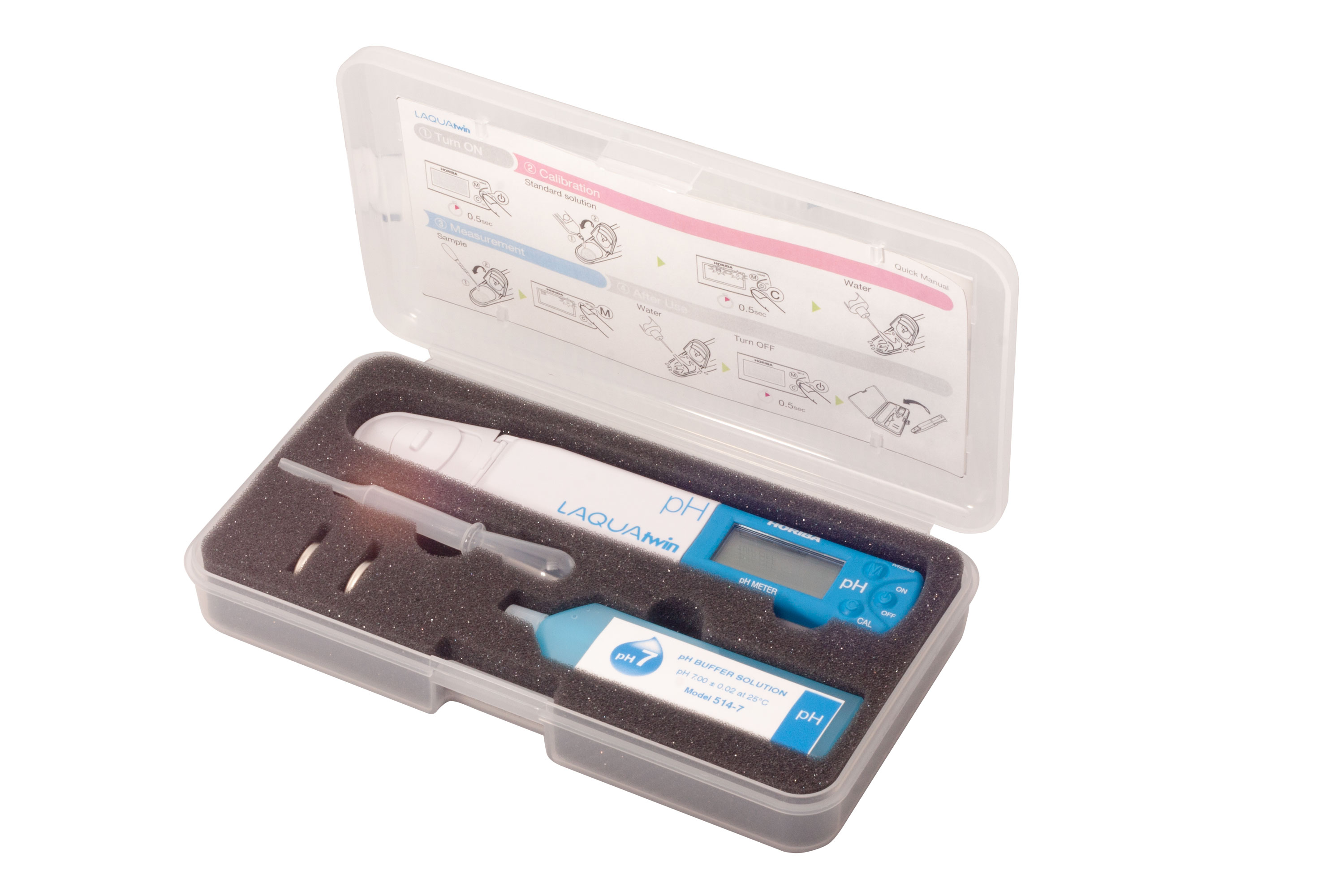 Horiba LAQUAtwin pH Tester mit 5 Kalibrierpunkten und Temperatur Messung (pH-33) Transportkoffer offen, Tester und Pufferlösungen