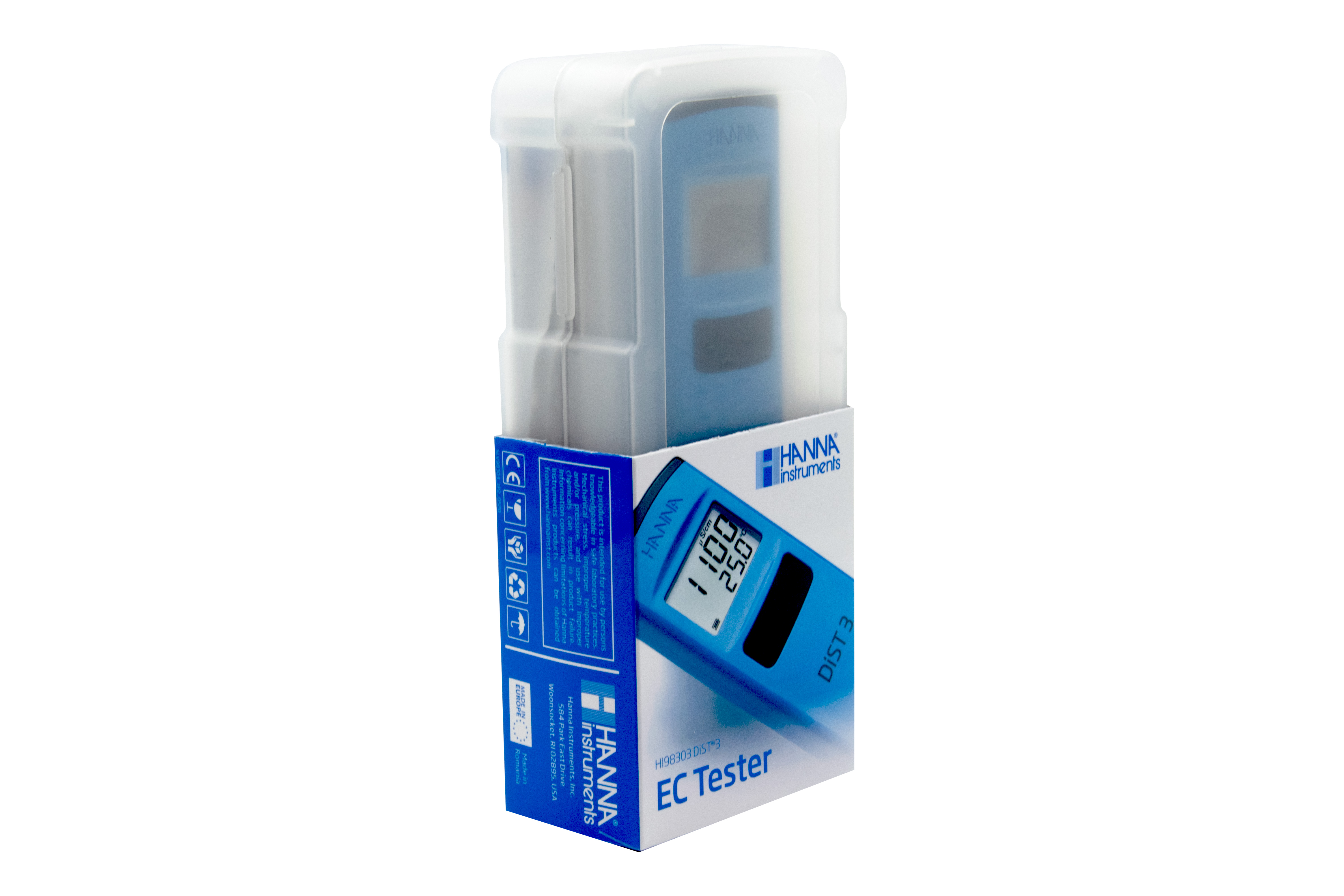 Hanna DiST®3 tester for conductivity Hanna DiST®3 Tester für Leitfähigkeit, seitliche Produktansicht, in Verpackung