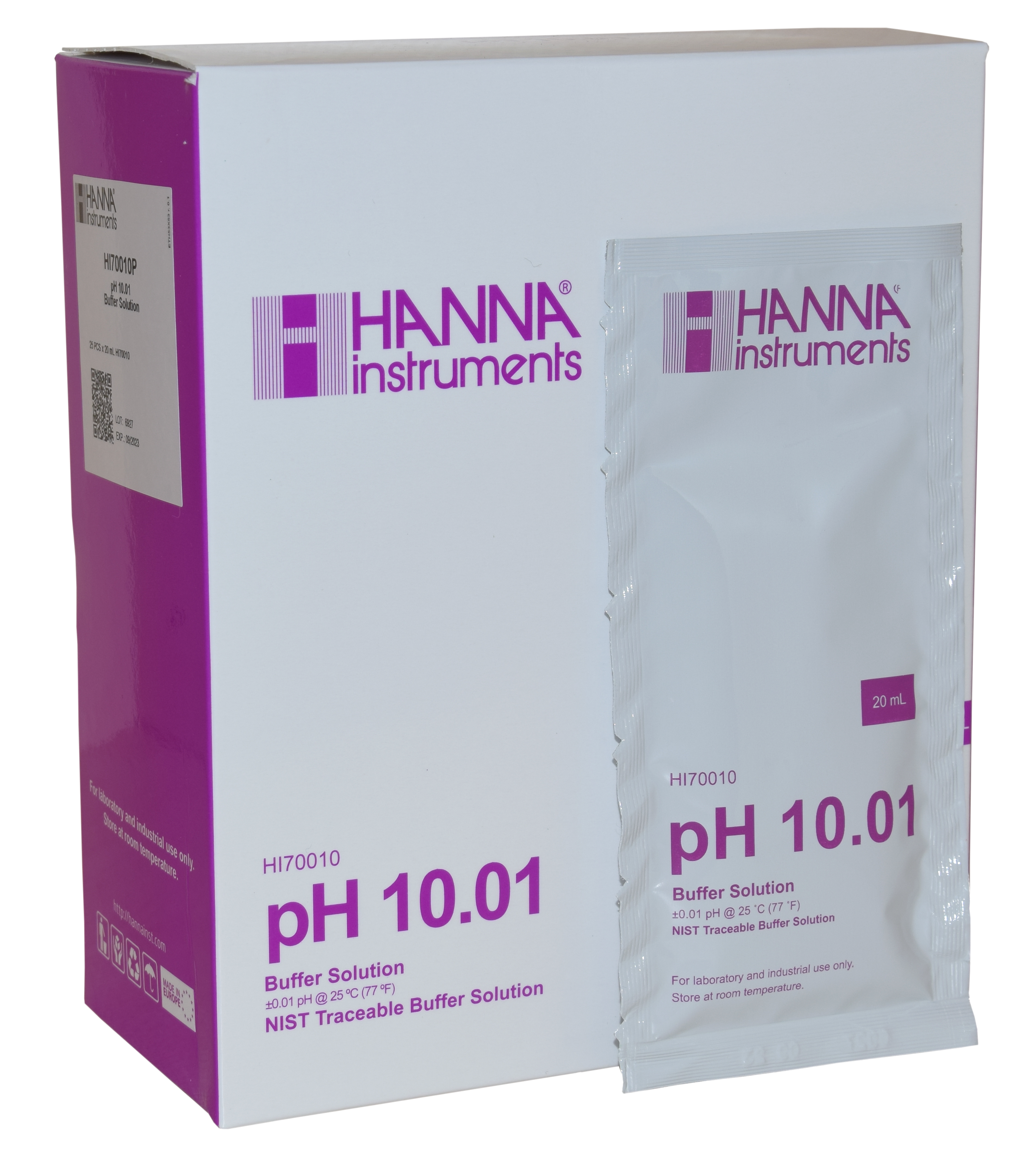 HANNA buffer solution pH 10.01, 25 x 20mL sachets (HI70010P) HANNA pH 10.01 Kalibrierlösung, Beutel mit Temperaturwert vor Verpackungseinheit abgebildet