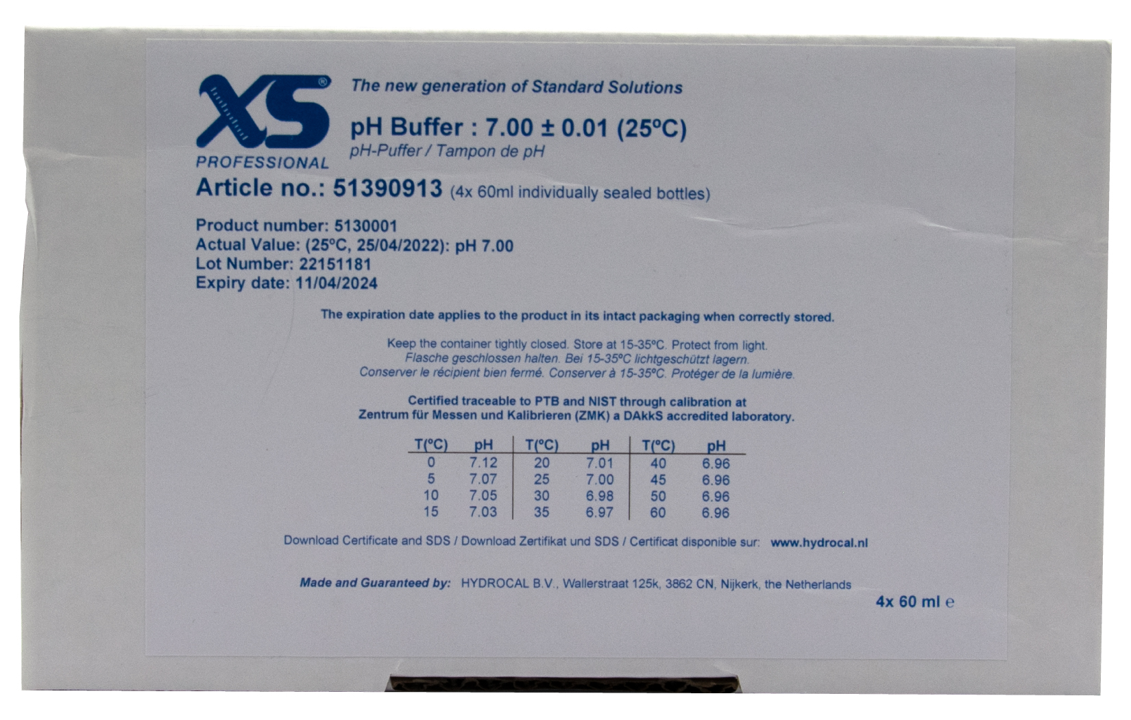 XS Professional pH 7.00 (±0.01pH @25°C) - 4x 60ml pH buffer solution with DAkkS certificate