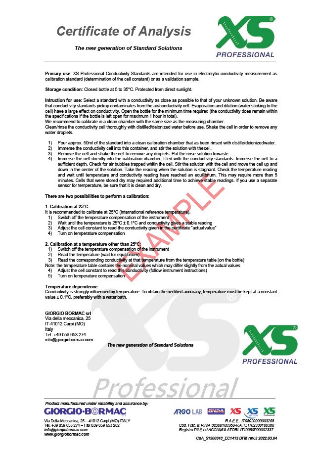 XS Professional 147µS/cm - 500ml conductivity calibration solution with DFM certificate