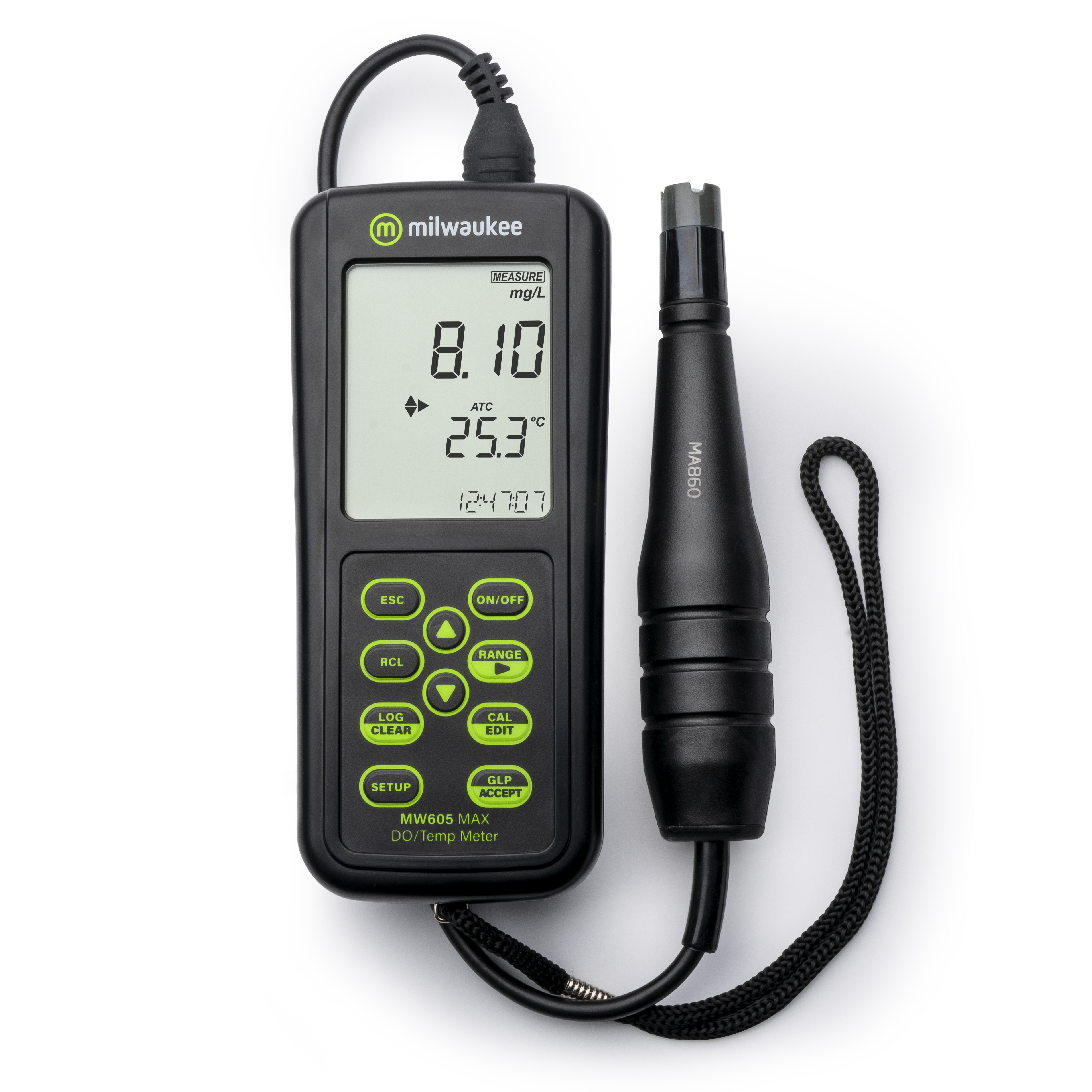 Milwaukee MW605 MAX Waterproof Galvanic Dissolved Oxygen Meter With Automatic Calibration Messgerät MW605 mit Elektrode, schwarz und grün