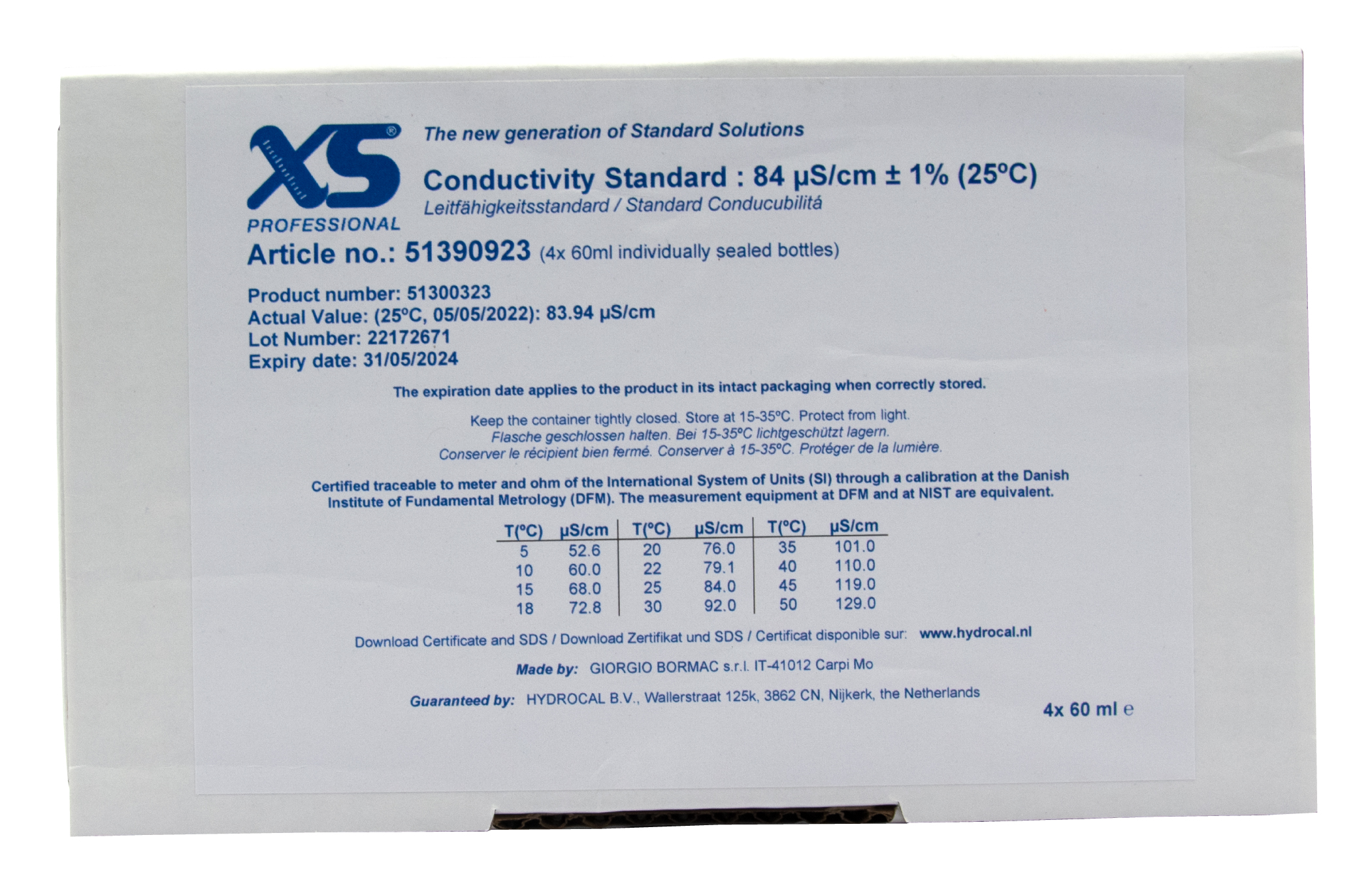 XS Professional 84µS/cm - 4x 60ml conductivity calibration solution package with DFM certificate