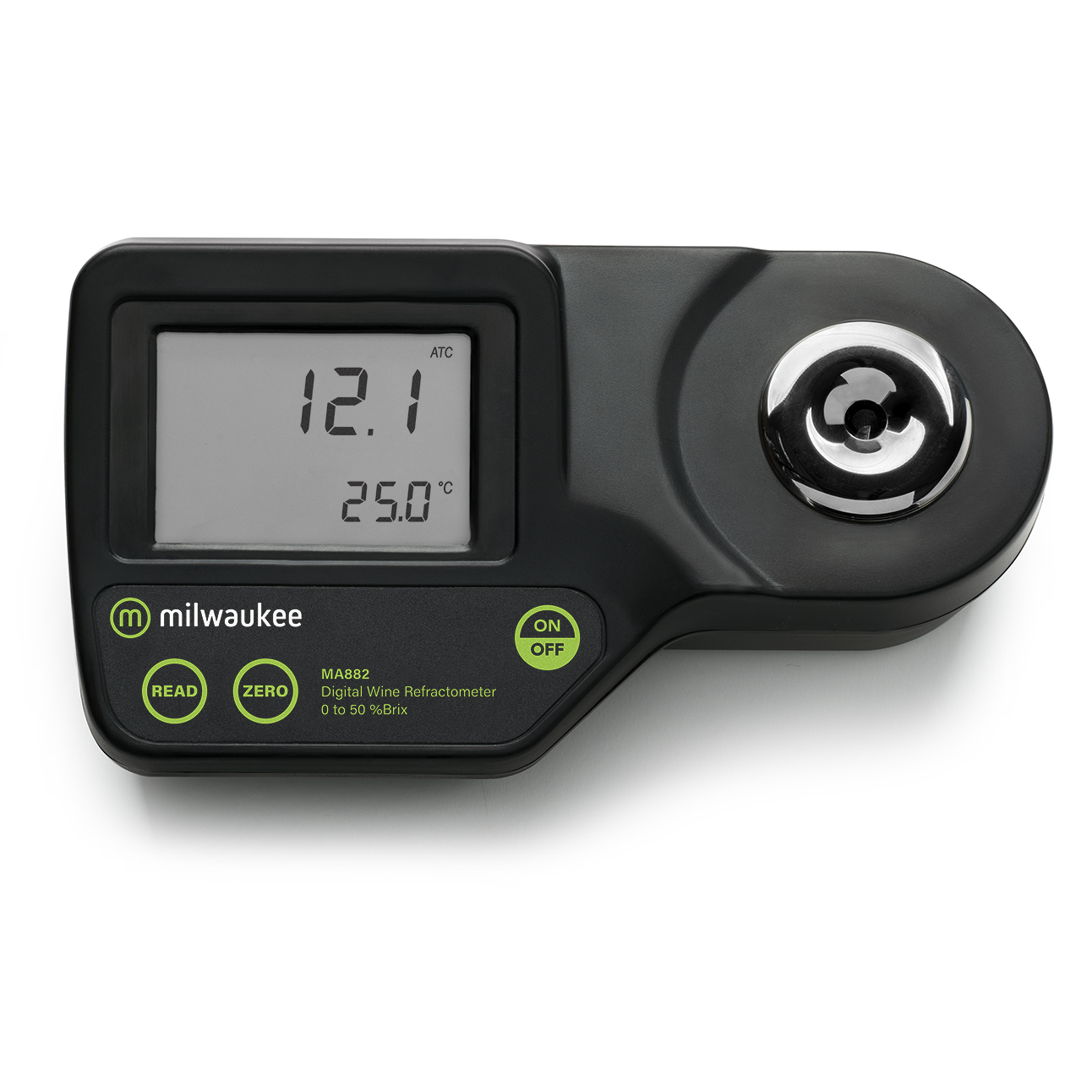 MA882 Digitales Brix-Refraktometer schwarz, Display an, obere Ansicht