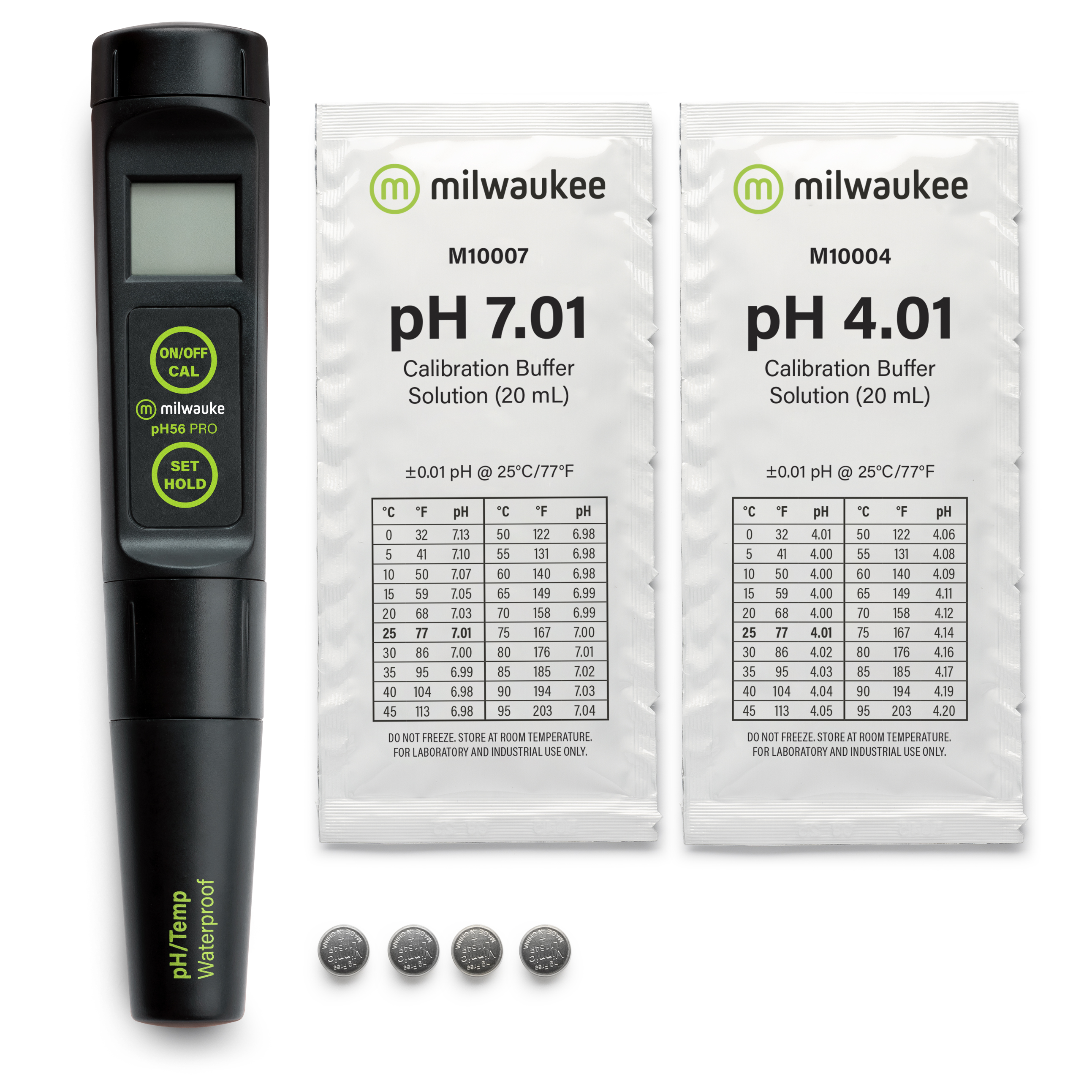 Milwaukee PH56 Tester mit Zubehör, Kalibrierpufferlösungen und Gerät abgebildet