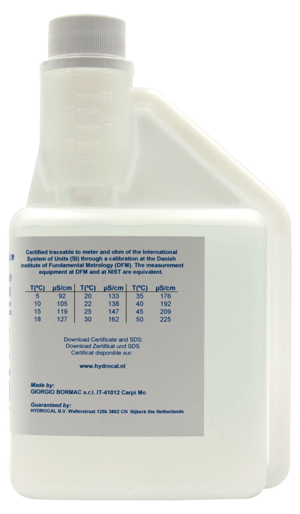 XS Professional 147 µS/cm Kalibrierlösung Rückseite, pH-Werte und Temperaturtabellen sichtbar, 500 ml Flasche Rücketikett