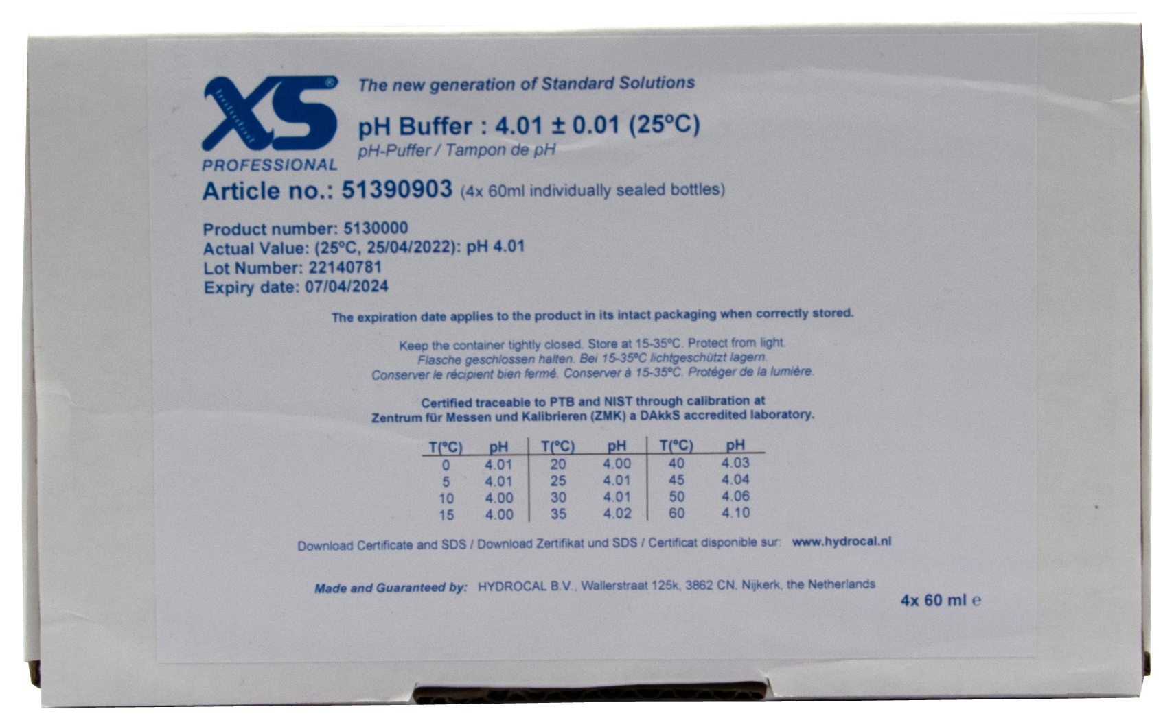 XS Professional pH 4.01 (±0.01pH @25°C) - 4x 60ml pH buffer solution with DAkkS certificate