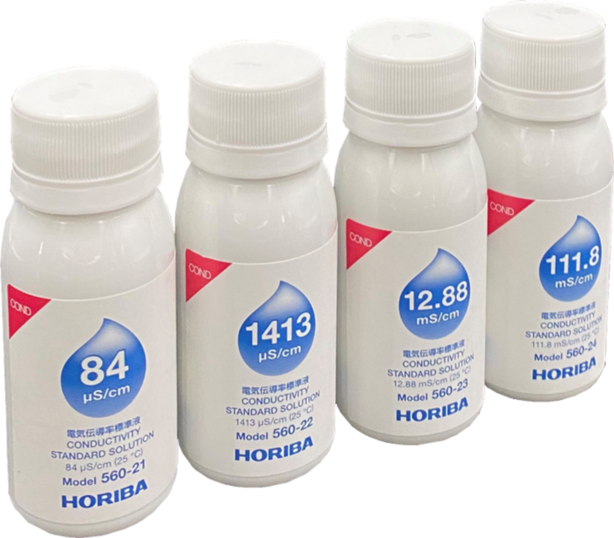 Starter set conductivity calibration solutions - Horiba 560-C Horiba Starter-Set Leitfähigkeitskalibrierlösungen mit vier 60 ml Flaschen, klare Frontansicht, verschiedene Messbereiche