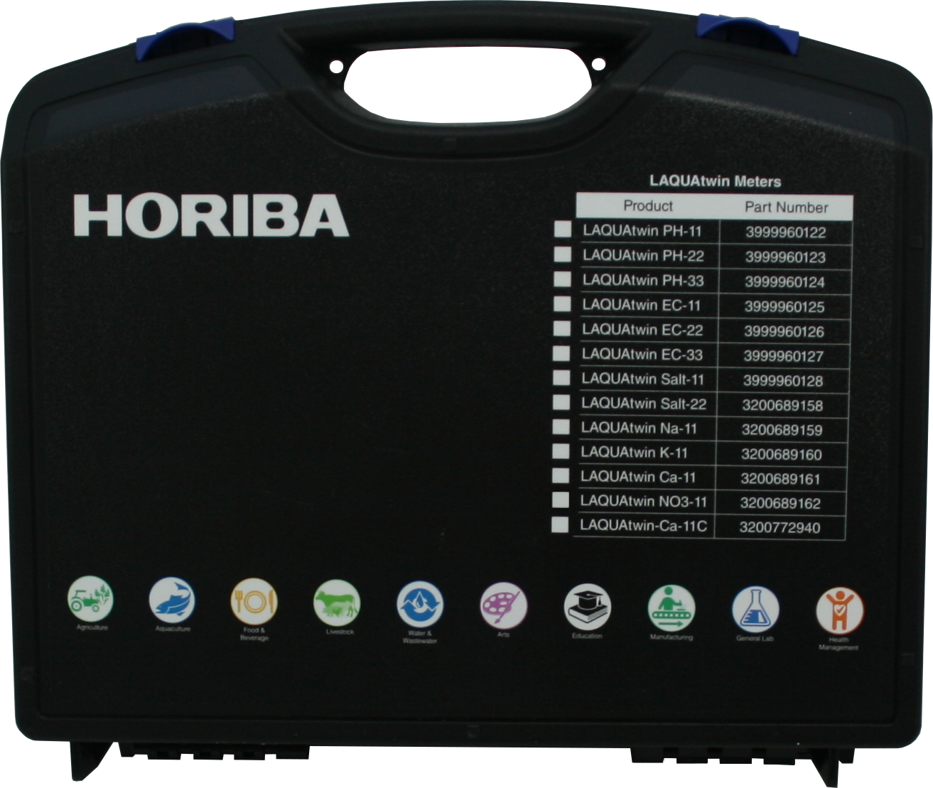 Horiba LAQUAtwin Tragekoffer Rückseite mit Produkttabelle und Logo