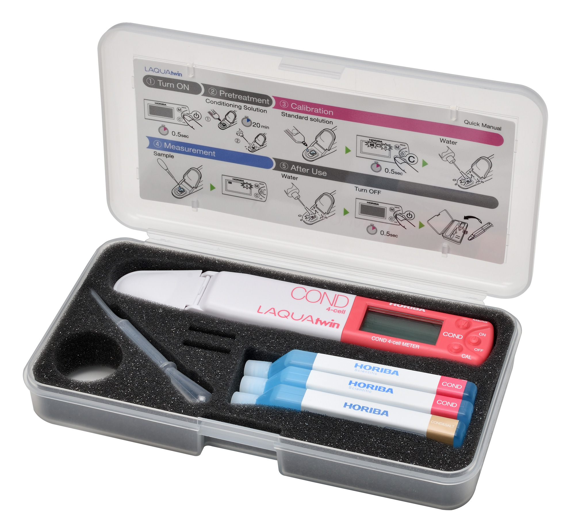 Horiba LAQUAtwin 4EC-22 conductivity tester, our item number 896092. The image shows the conductivity tester lying flat in the open box, with solutions and a pipette.