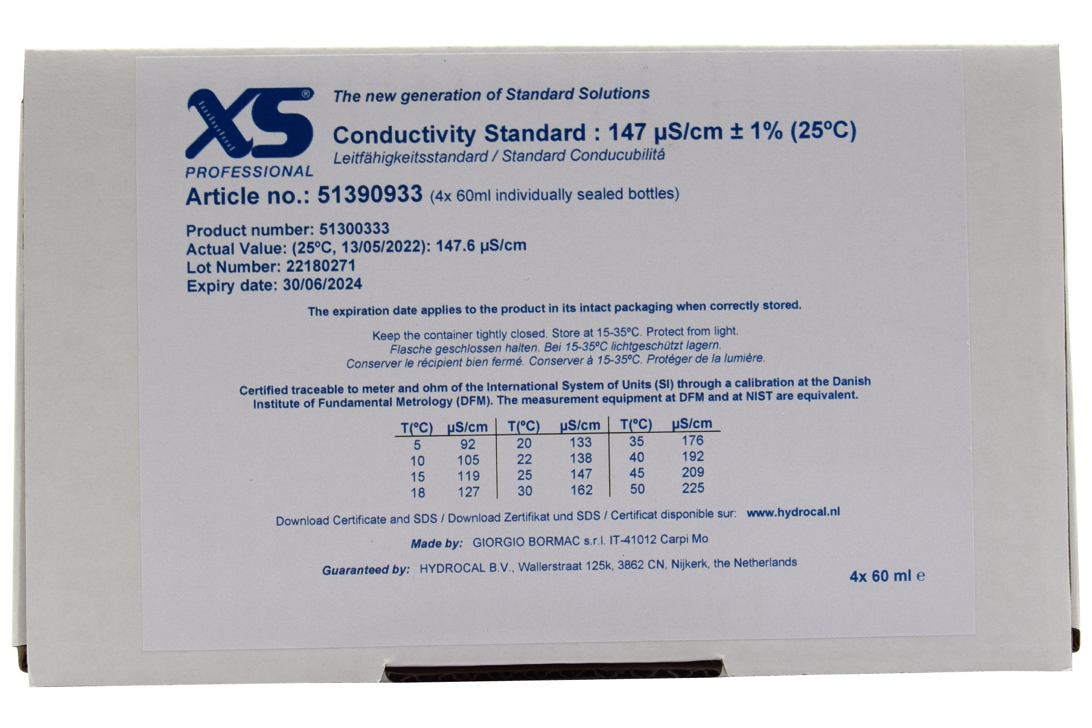 XS Professional 147µS/cm - 4x 60ml conductivity calibration solution package with DFM certificate