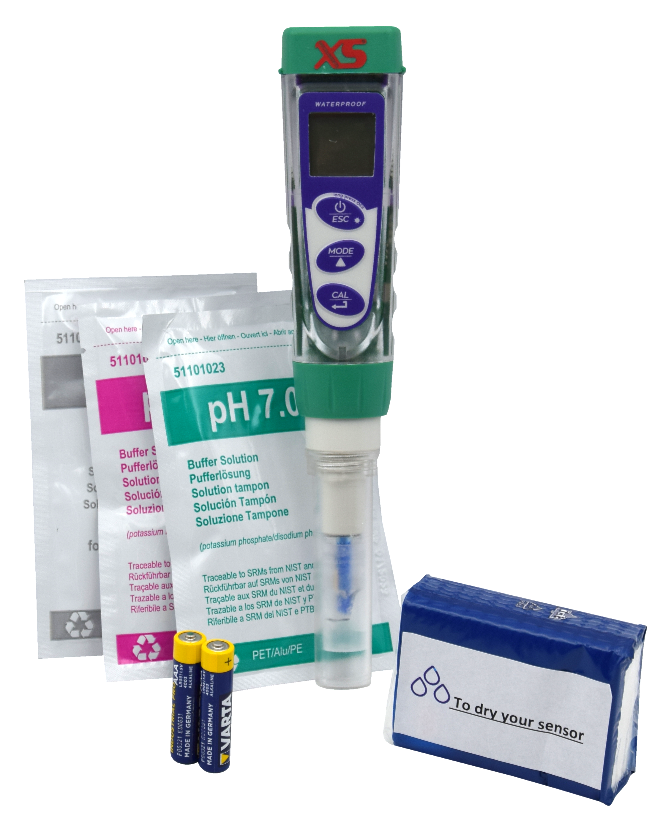 XS pH 5 Tester Kit - hand-held meter for determining the pH value and temperature XS pH 5 Kit mit Kalibrierlösungen und Ersatzsonde, Übersicht Inhalt