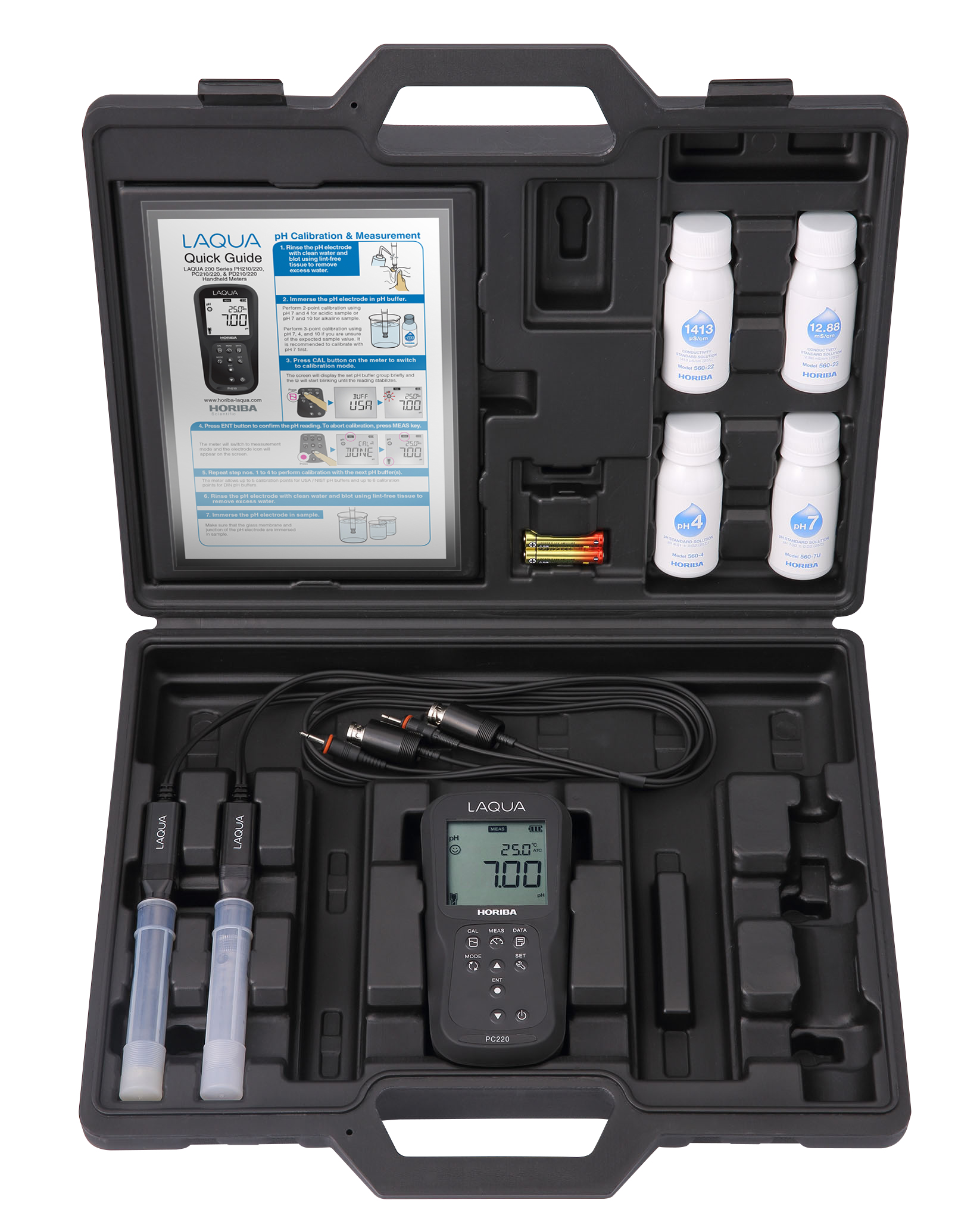 Horiba LAQUA PC220-Kit pH, ORP, conductivity, TDS, salt, resistance and temperature multi handheld meter with GLP data saving and printer function in analysis case