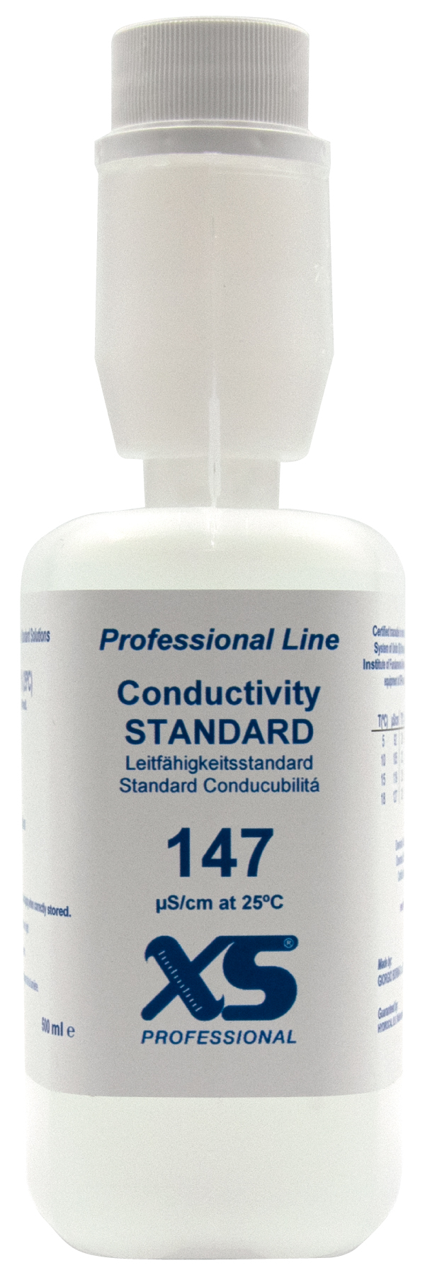 XS Professional 147 µS/cm Kalibrierlösung Frontansicht, klar beschriftetes Label, volumetrische Kalibriermarke, hygienischer Druckverschluss erkennbar