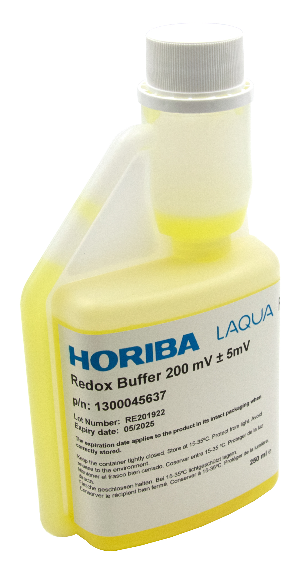 HORIBA ORP 200mV (±5mV @25°C) buffer solution 250ml (250-ORP-200) HORIBA Redox 200mV Pufferlösung 250ml, Schräge Ansicht der Hygieneflasche, sichere Kalibrierlösung, ORP-Elektroden-Kalibrierung, hochwertige Messlösung