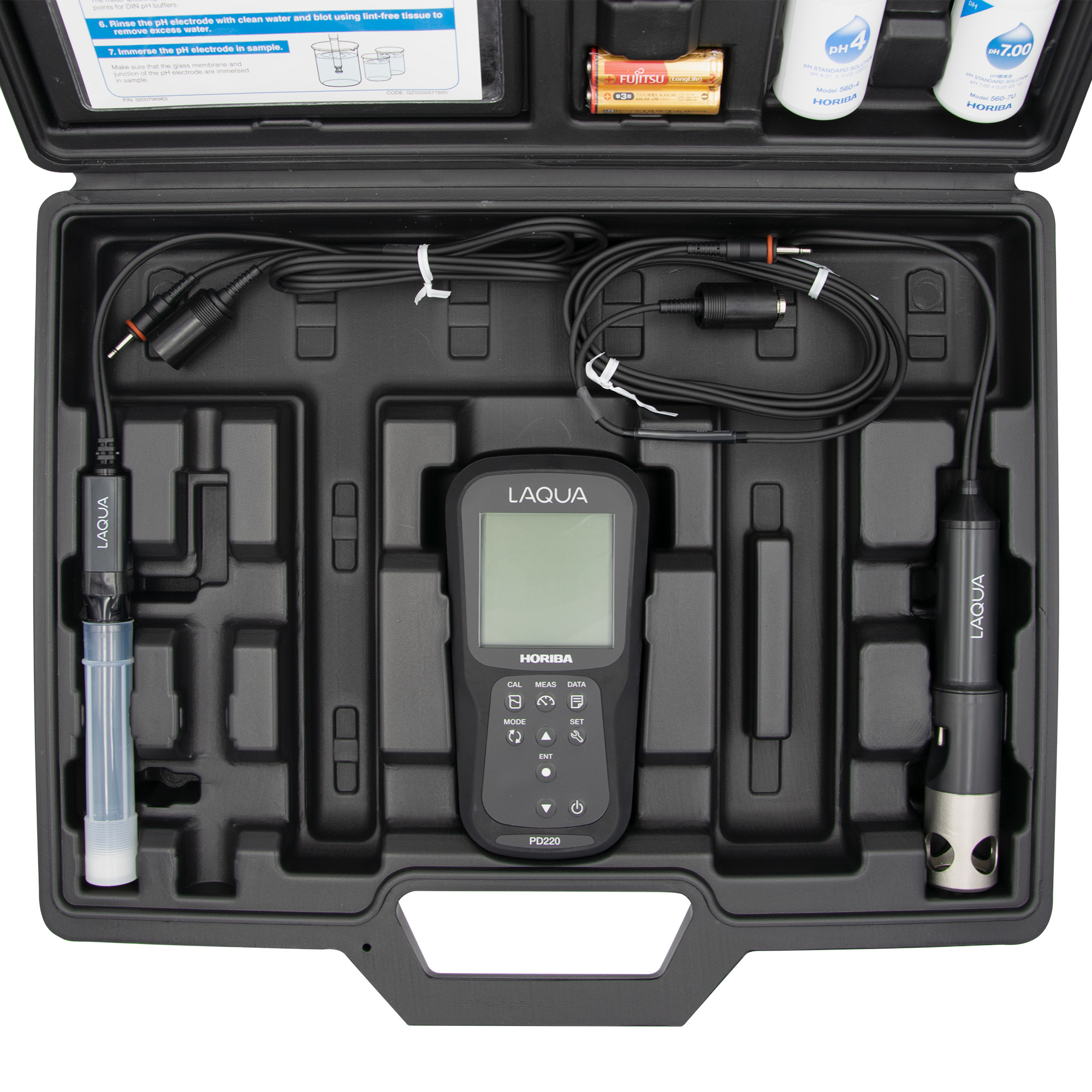 Horiba LAQUA PD220-Kit pH, ORP, Dissolved Oxygen and Temperature hand-held meter with GLP- compliant data storage and print function in the analysis measuring case