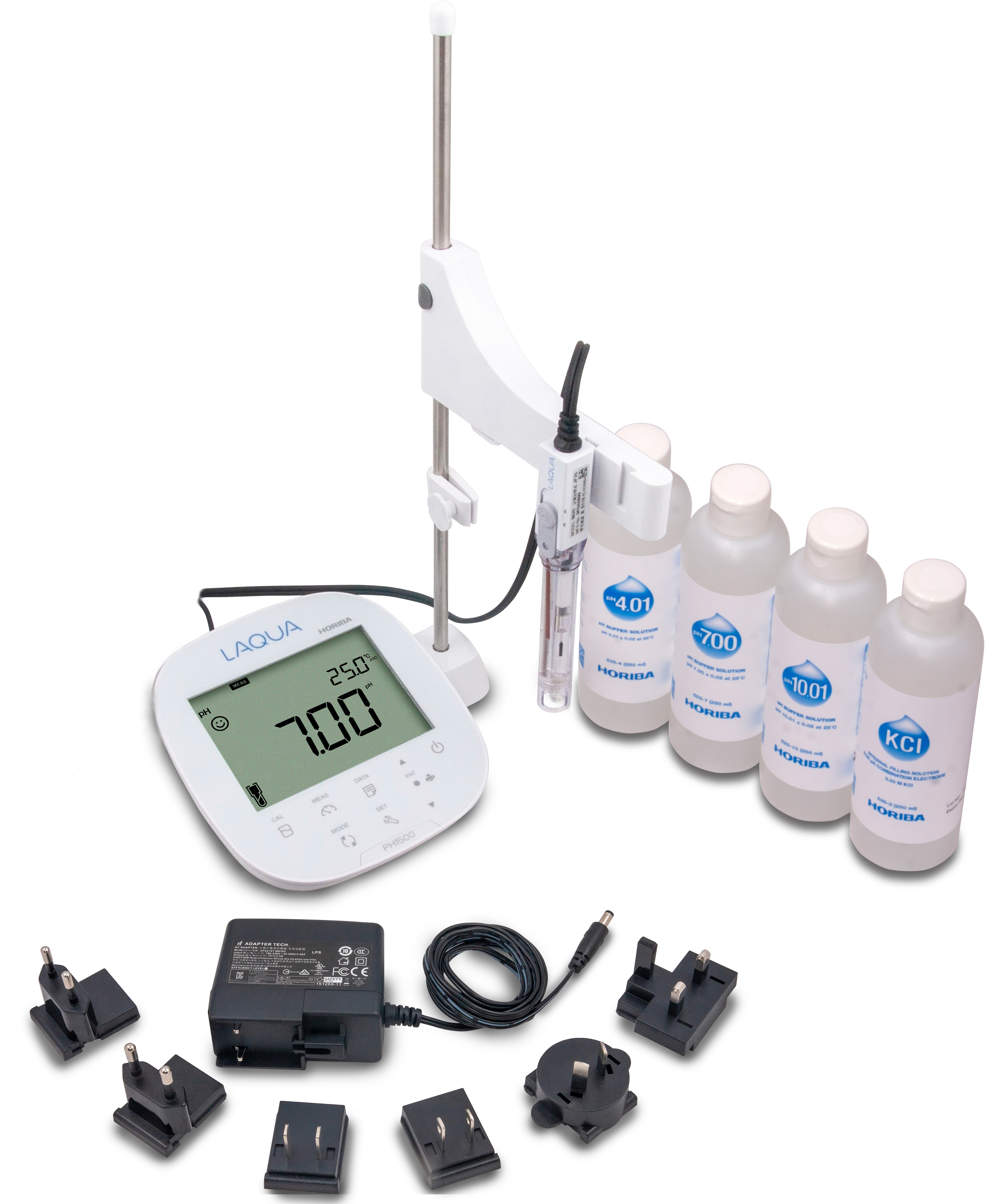 Horiba LAQUA PH1500 Single Channel Meter Starter Kit Horiba LAQUA PH1500 Starterset Gesamtansicht mit Netzteil, Kabel und Zubehör, Gerät mit Elektrodenhalter, nachfüllbare pH-Elektrode und Bedienungsanleitung