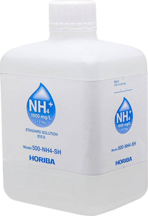 Horiba 1000 mg/L Ammonium Ionen Standard Lösung, 500 ml Flasche Frontansicht, weiße Kunststoffflasche mit blau-weißem Etikett, präzise Kalibrierlösung