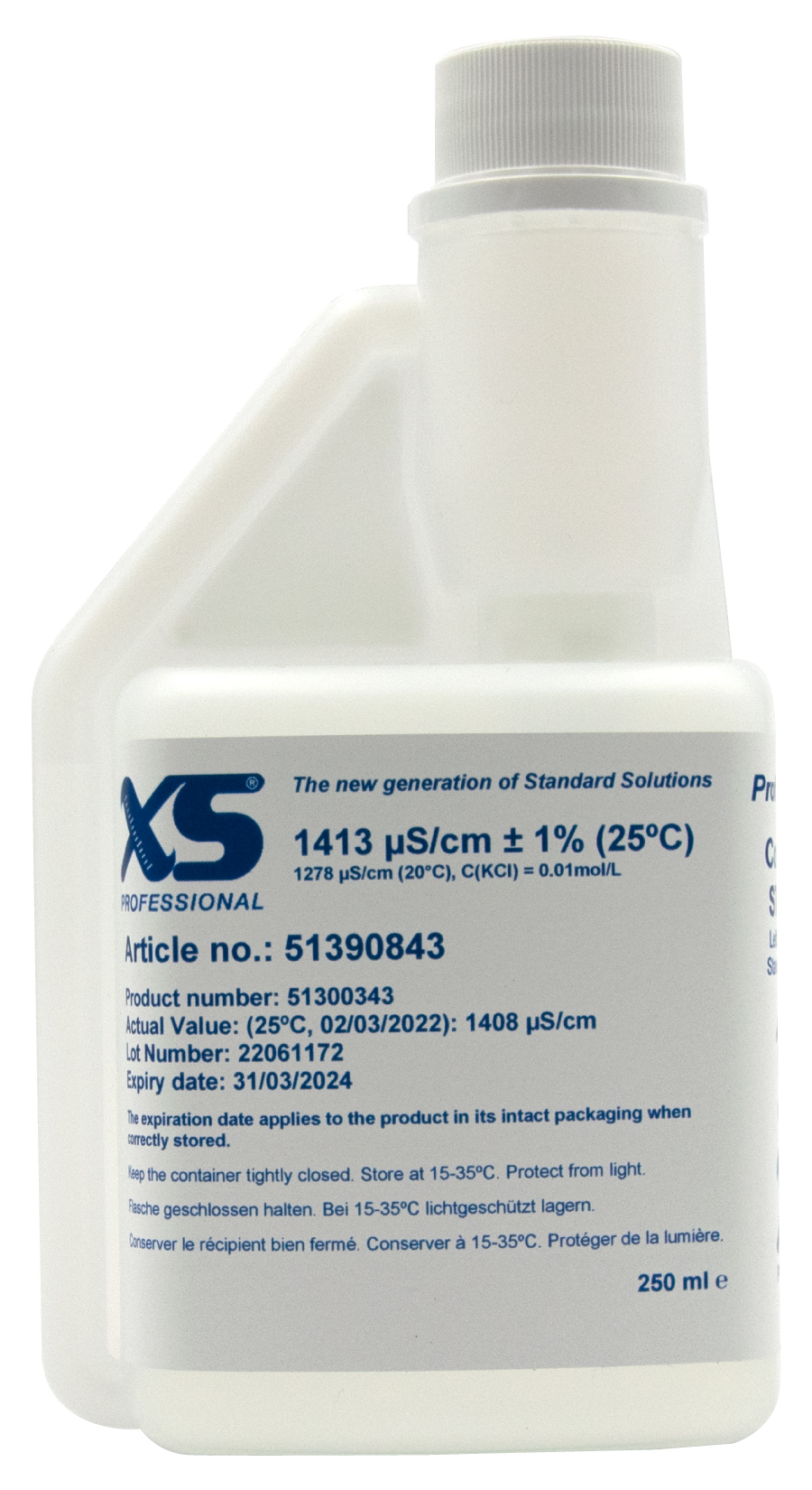 XS Professional 1413µS/cm - 250ml conductivity calibration solution with DFM certificate XS Professional 1413µS/cm - 250ml Leitfähigkeitskalibrierlösung Flasche vorne