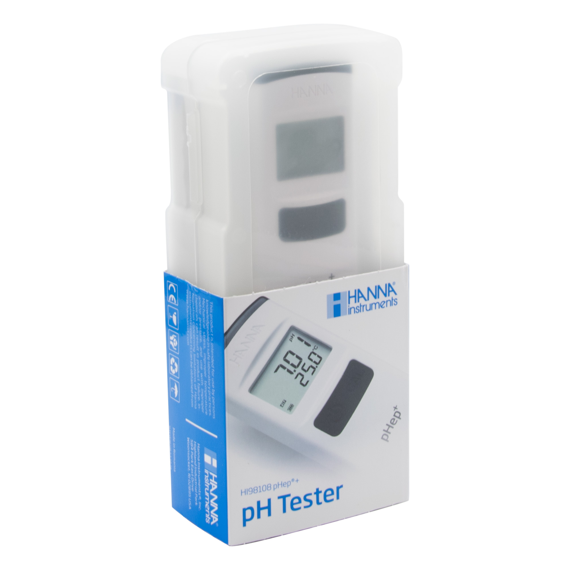 Hanna pHep+ pH tester in packaging, pen tester visible, protective cap in box, complete measuring kit